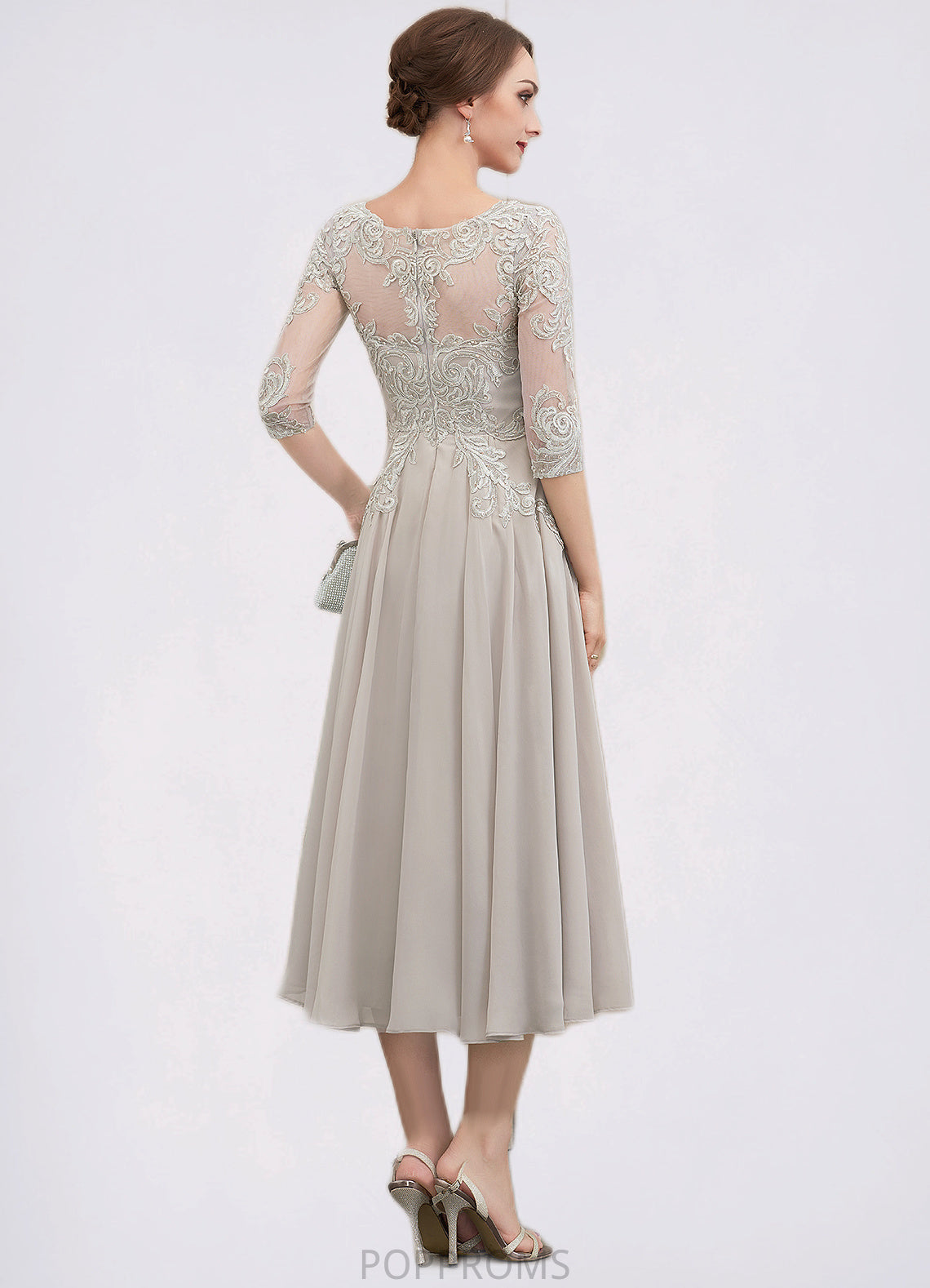 Katelynn A-Line Scoop Neck Tea-Length Chiffon Lace Mother of the Bride Dress With Beading Sequins PP6126P0014535