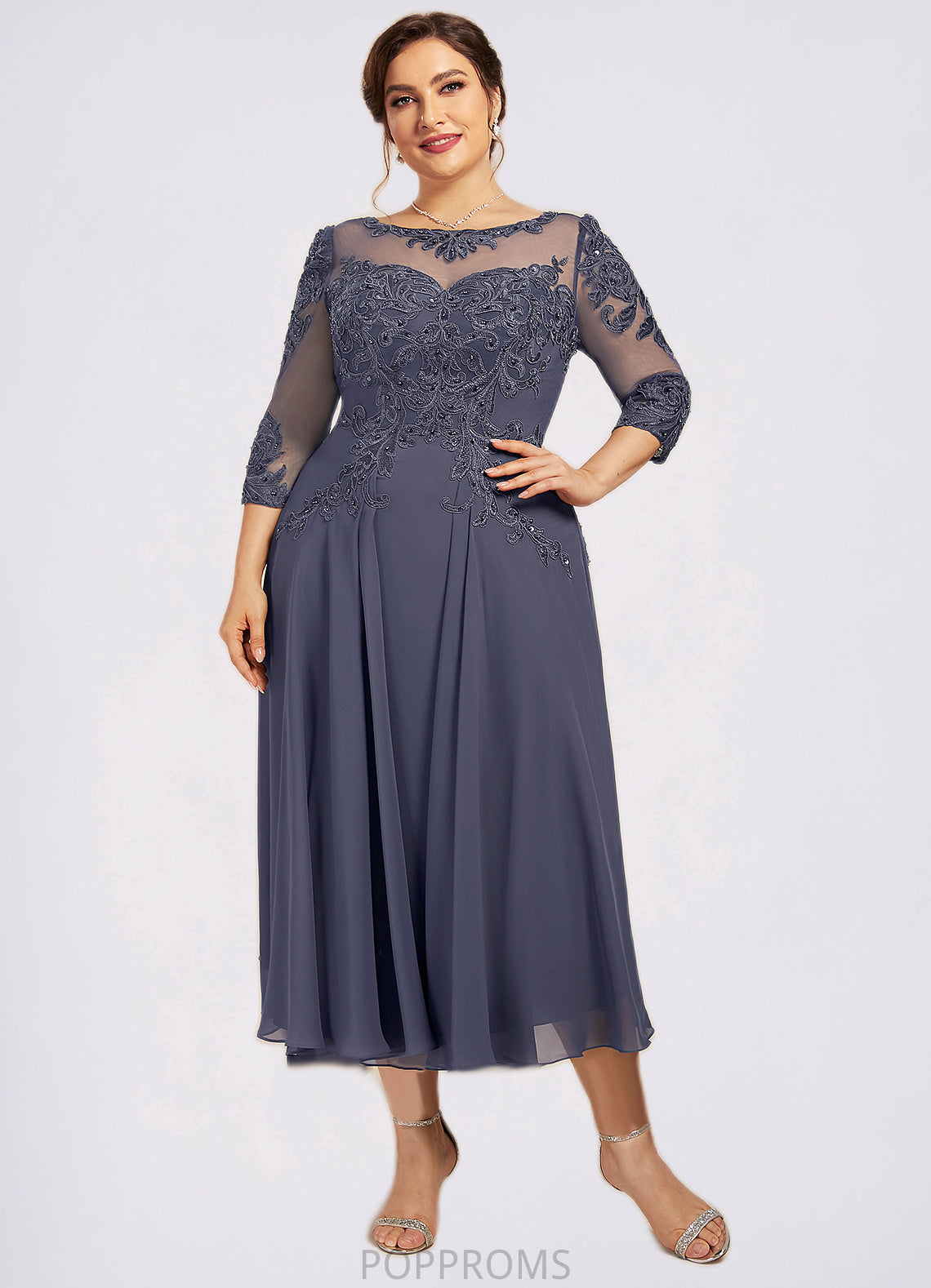 Katelynn A-Line Scoop Neck Tea-Length Chiffon Lace Mother of the Bride Dress With Beading Sequins PP6126P0014535