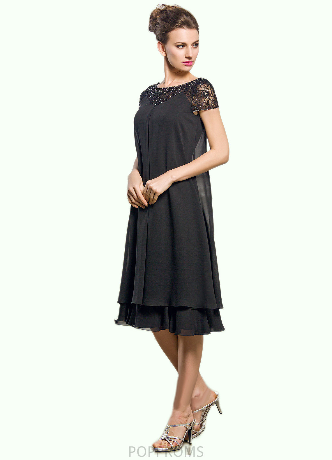 Hallie Empire Scoop Neck Knee-Length Chiffon Mother of the Bride Dress With Beading Sequins PP6126P0014537