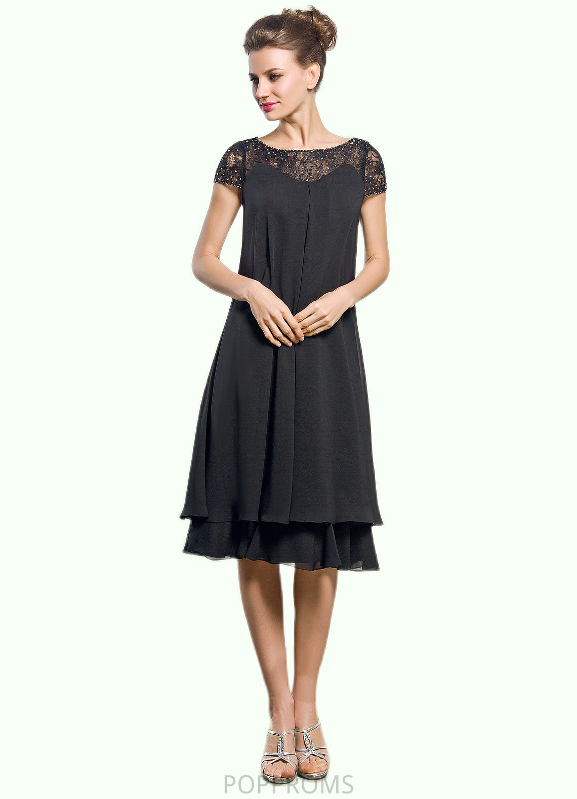 Hallie Empire Scoop Neck Knee-Length Chiffon Mother of the Bride Dress With Beading Sequins PP6126P0014537