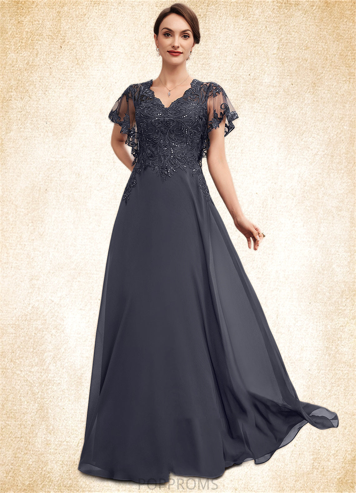 Frederica A-line V-Neck Floor-Length Chiffon Lace Mother of the Bride Dress With Sequins PP6126P0014542