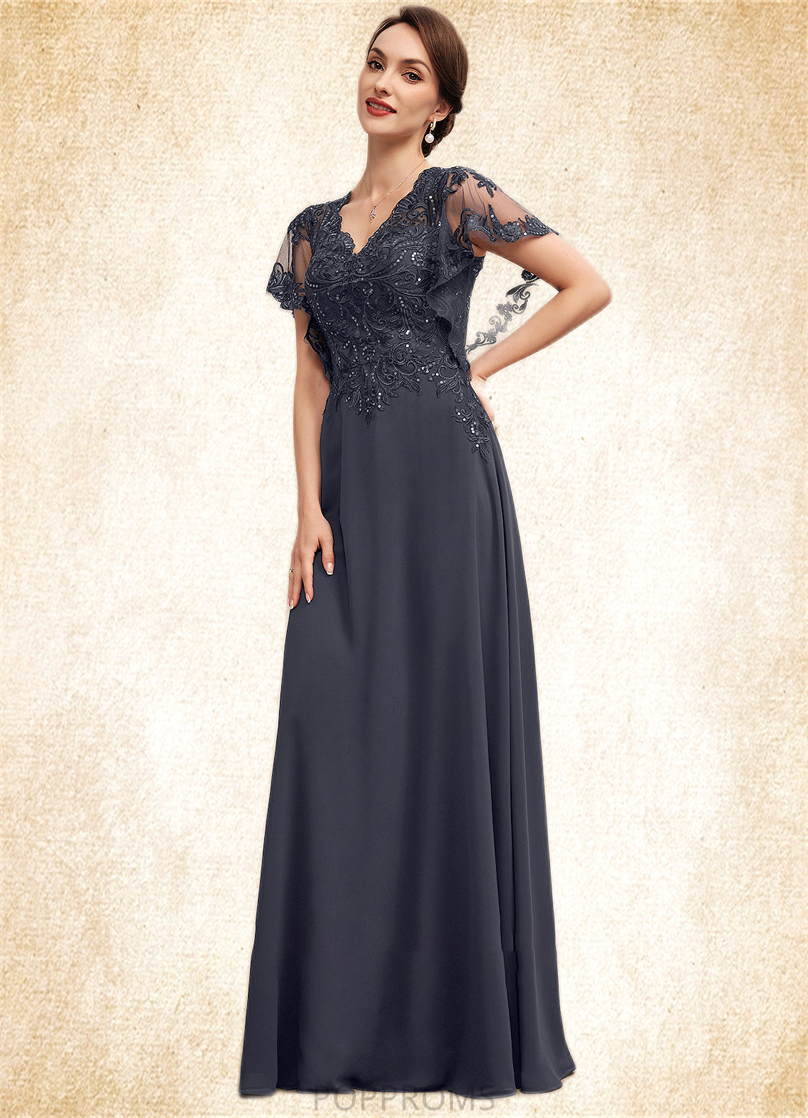 Frederica A-line V-Neck Floor-Length Chiffon Lace Mother of the Bride Dress With Sequins PP6126P0014542