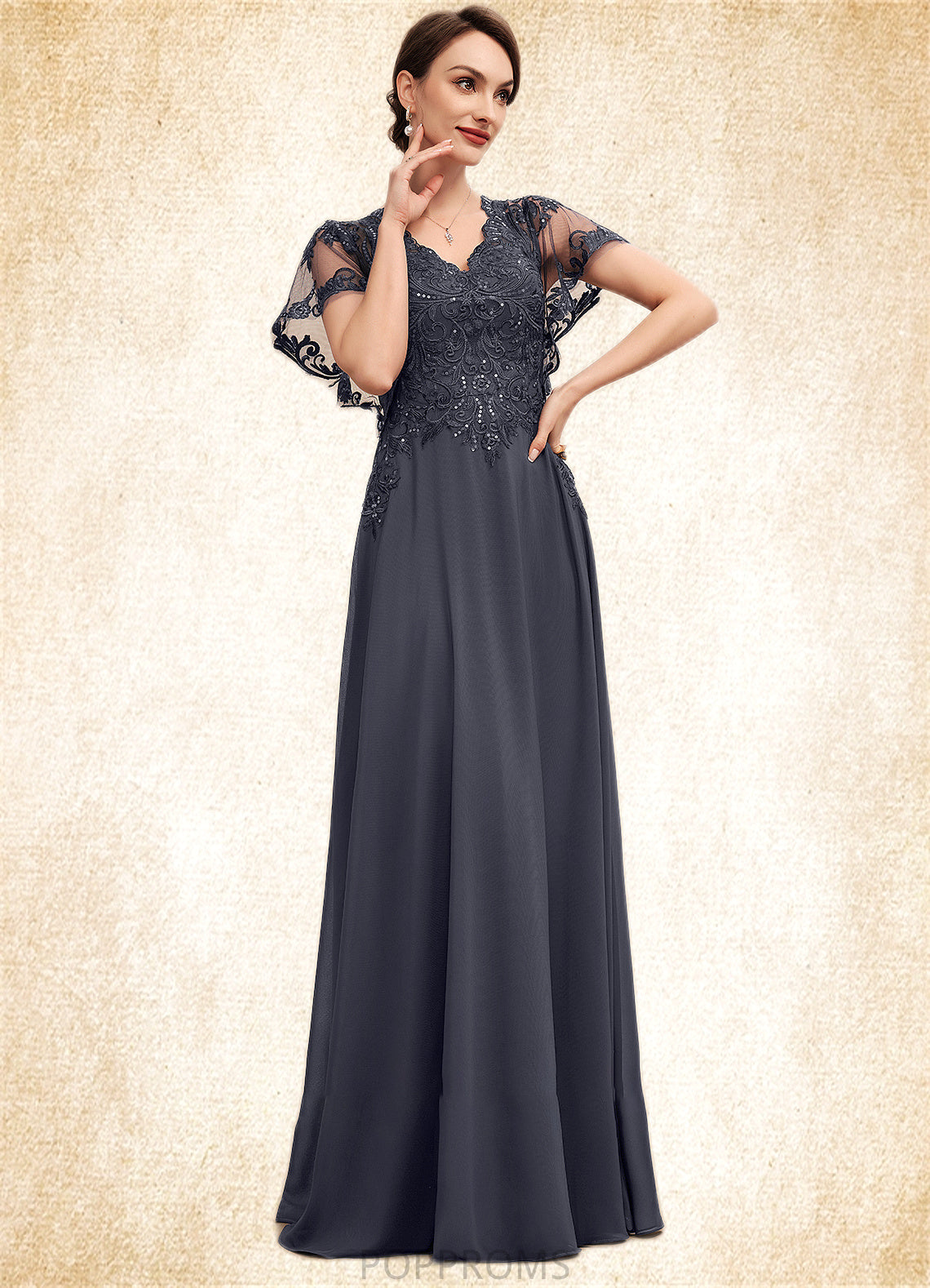 Frederica A-line V-Neck Floor-Length Chiffon Lace Mother of the Bride Dress With Sequins PP6126P0014542