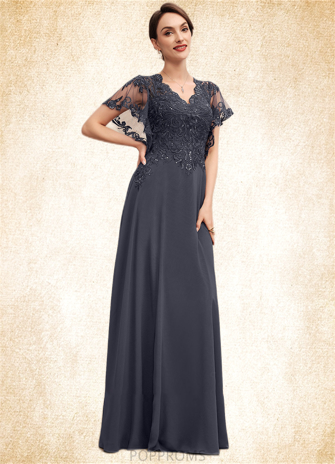 Frederica A-line V-Neck Floor-Length Chiffon Lace Mother of the Bride Dress With Sequins PP6126P0014542