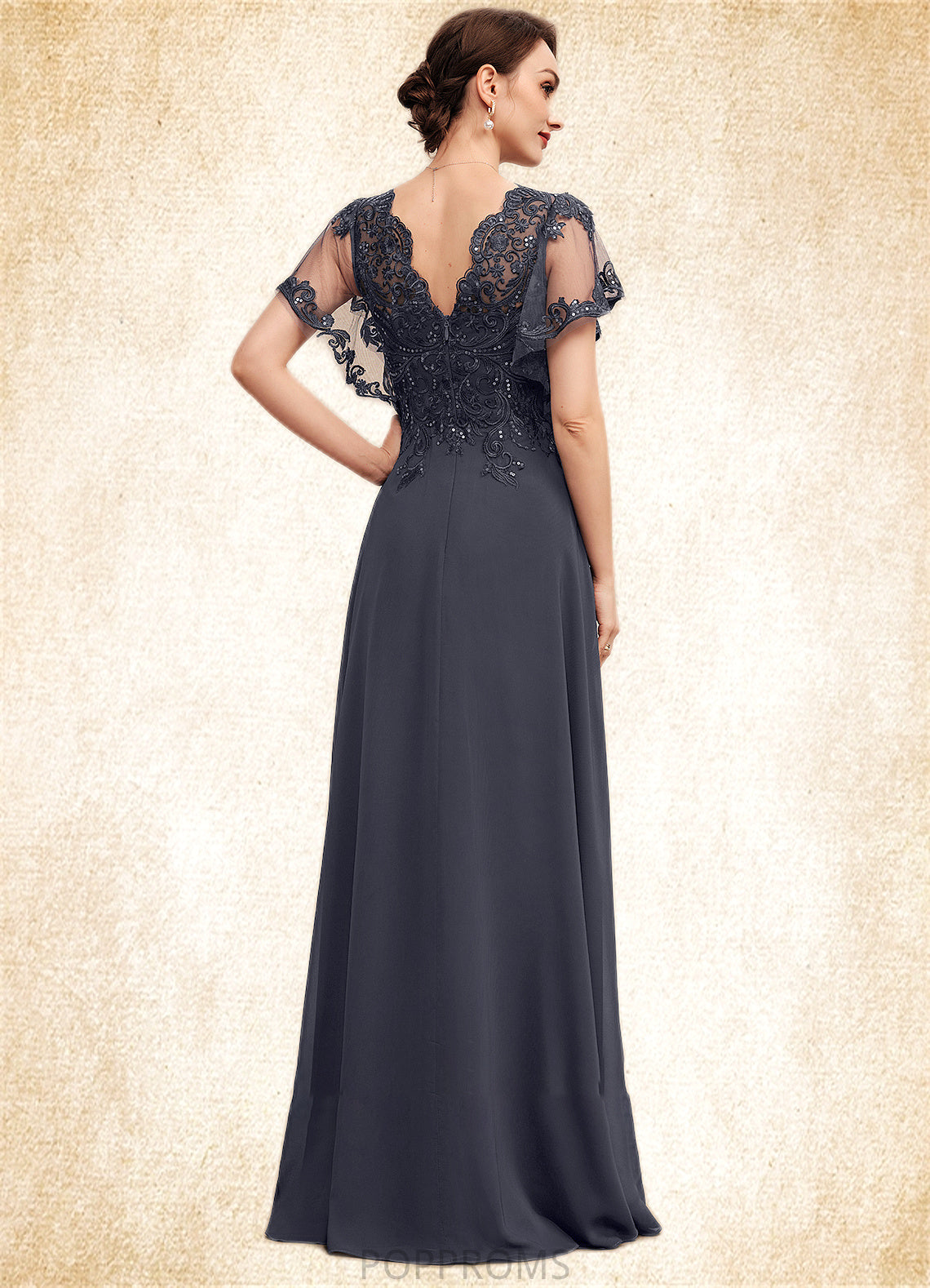 Frederica A-line V-Neck Floor-Length Chiffon Lace Mother of the Bride Dress With Sequins PP6126P0014542