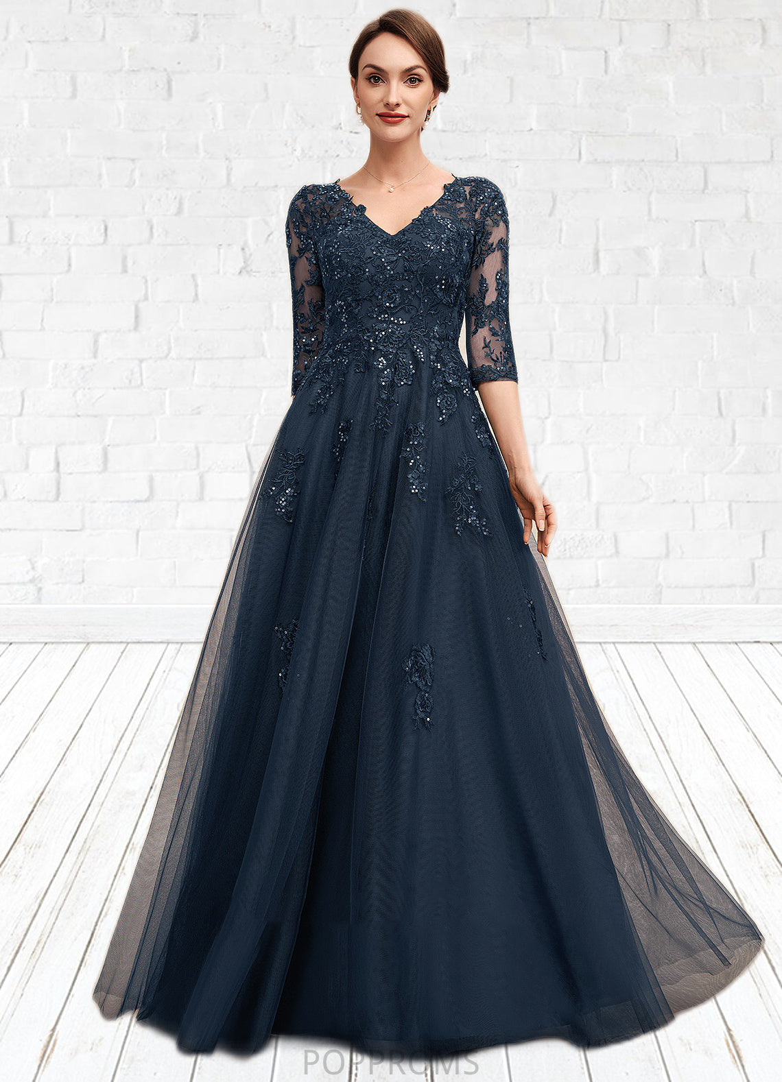 Genevieve A-Line V-neck Floor-Length Tulle Lace Mother of the Bride Dress With Sequins PP6126P0014543