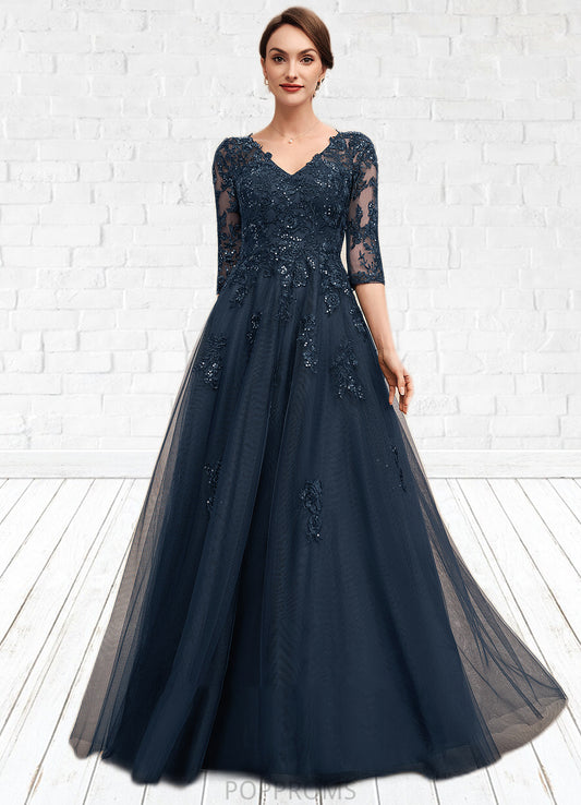 Genevieve A-Line V-neck Floor-Length Tulle Lace Mother of the Bride Dress With Sequins PP6126P0014543