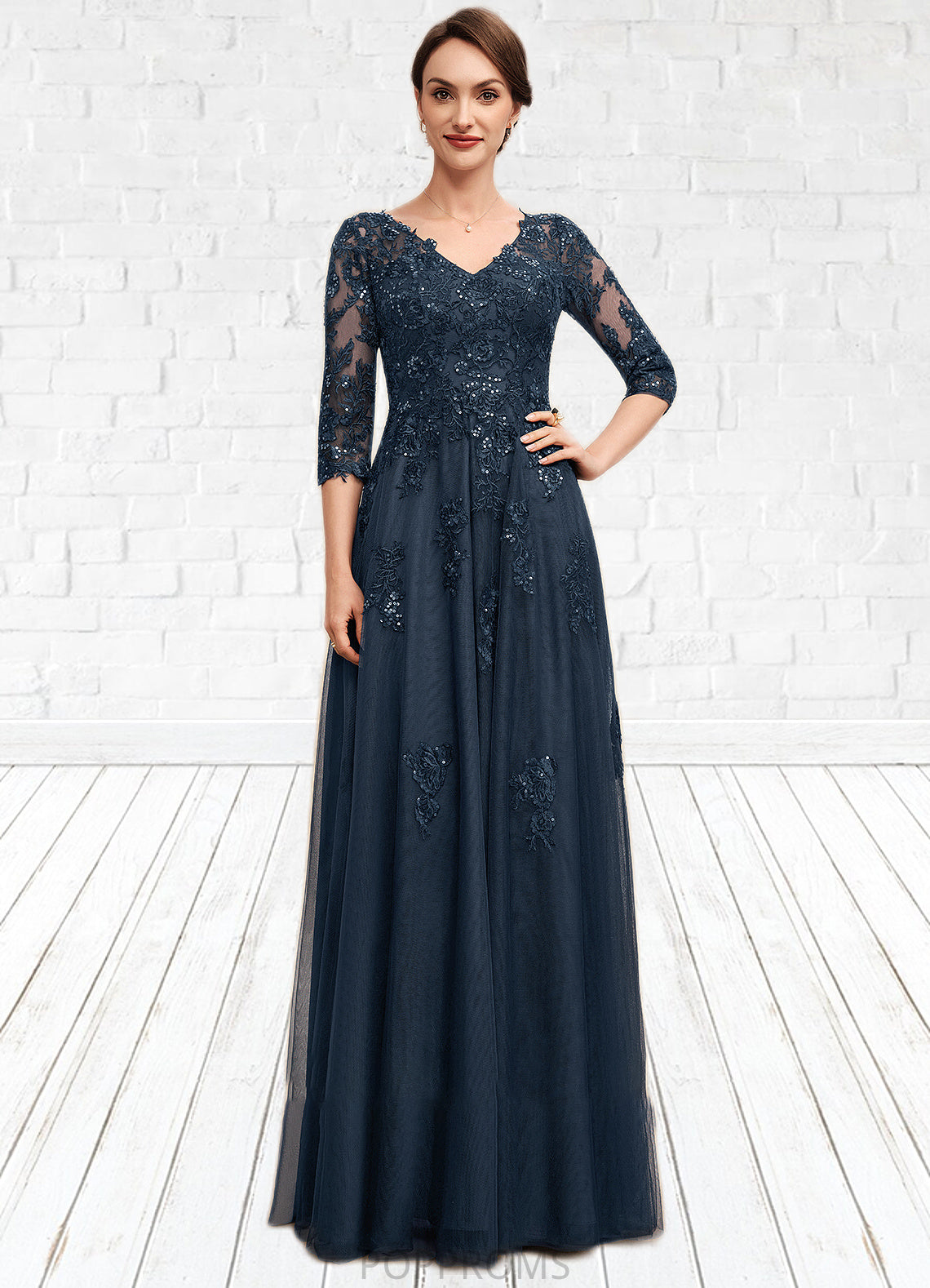 Genevieve A-Line V-neck Floor-Length Tulle Lace Mother of the Bride Dress With Sequins PP6126P0014543