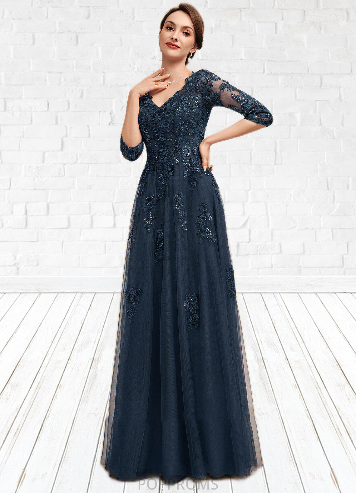 Genevieve A-Line V-neck Floor-Length Tulle Lace Mother of the Bride Dress With Sequins PP6126P0014543