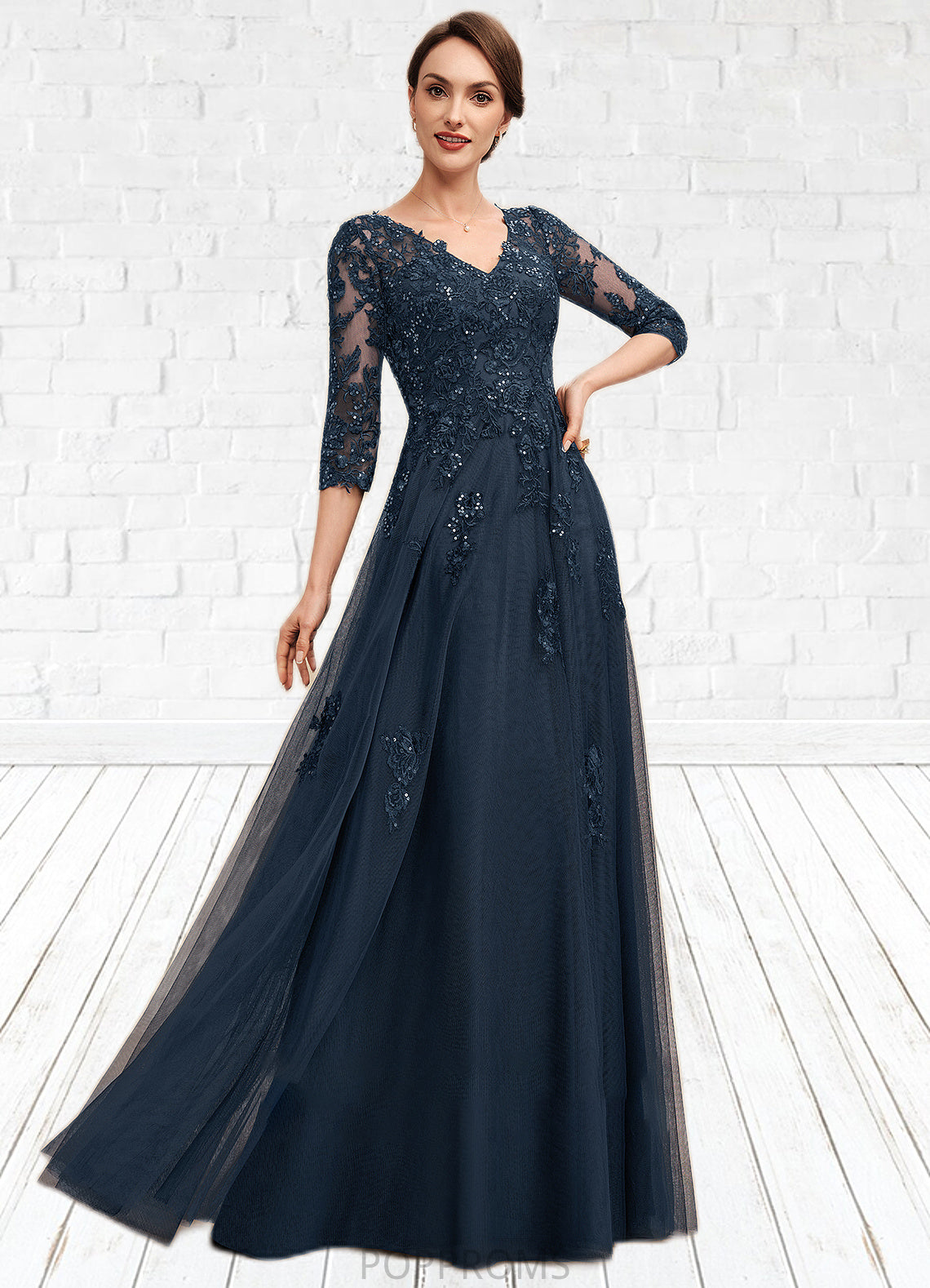 Genevieve A-Line V-neck Floor-Length Tulle Lace Mother of the Bride Dress With Sequins PP6126P0014543