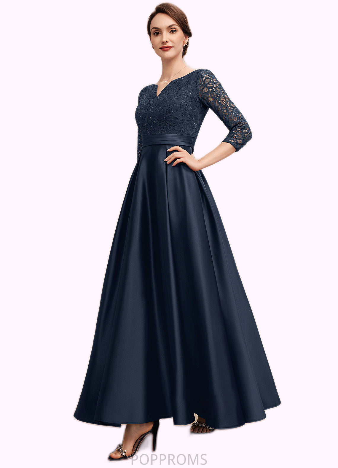 Jaidyn A-Line V-neck Ankle-Length Satin Lace Mother of the Bride Dress With Beading PP6126P0014545