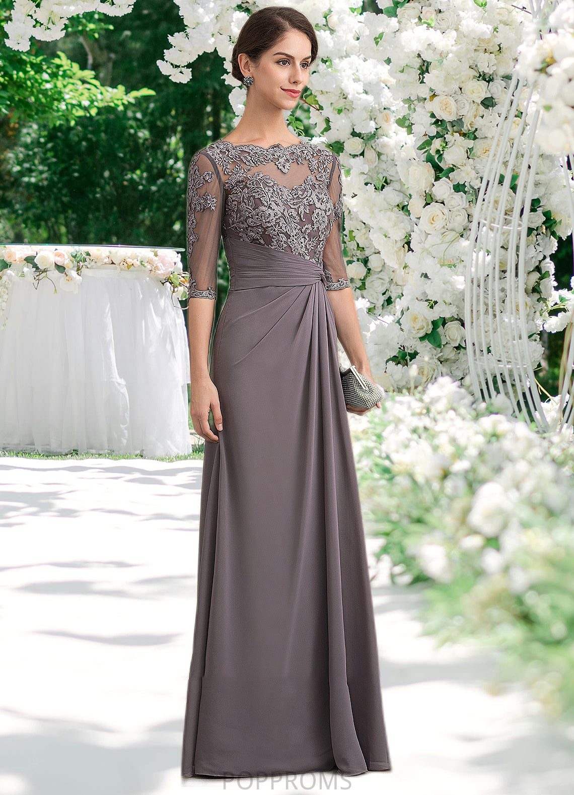 Barbara A-Line Scoop Neck Floor-Length Chiffon Lace Mother of the Bride Dress With Beading Sequins PP6126P0014546