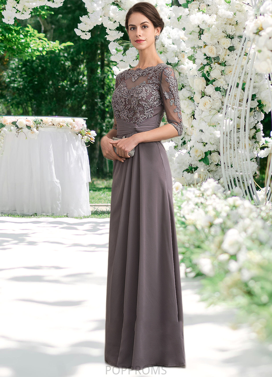 Barbara A-Line Scoop Neck Floor-Length Chiffon Lace Mother of the Bride Dress With Beading Sequins PP6126P0014546