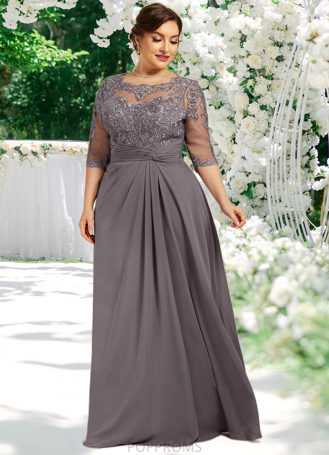 Barbara A-Line Scoop Neck Floor-Length Chiffon Lace Mother of the Bride Dress With Beading Sequins PP6126P0014546