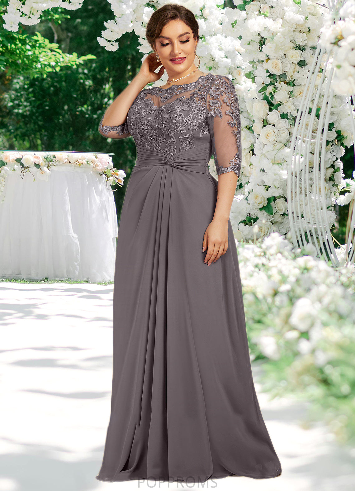 Barbara A-Line Scoop Neck Floor-Length Chiffon Lace Mother of the Bride Dress With Beading Sequins PP6126P0014546