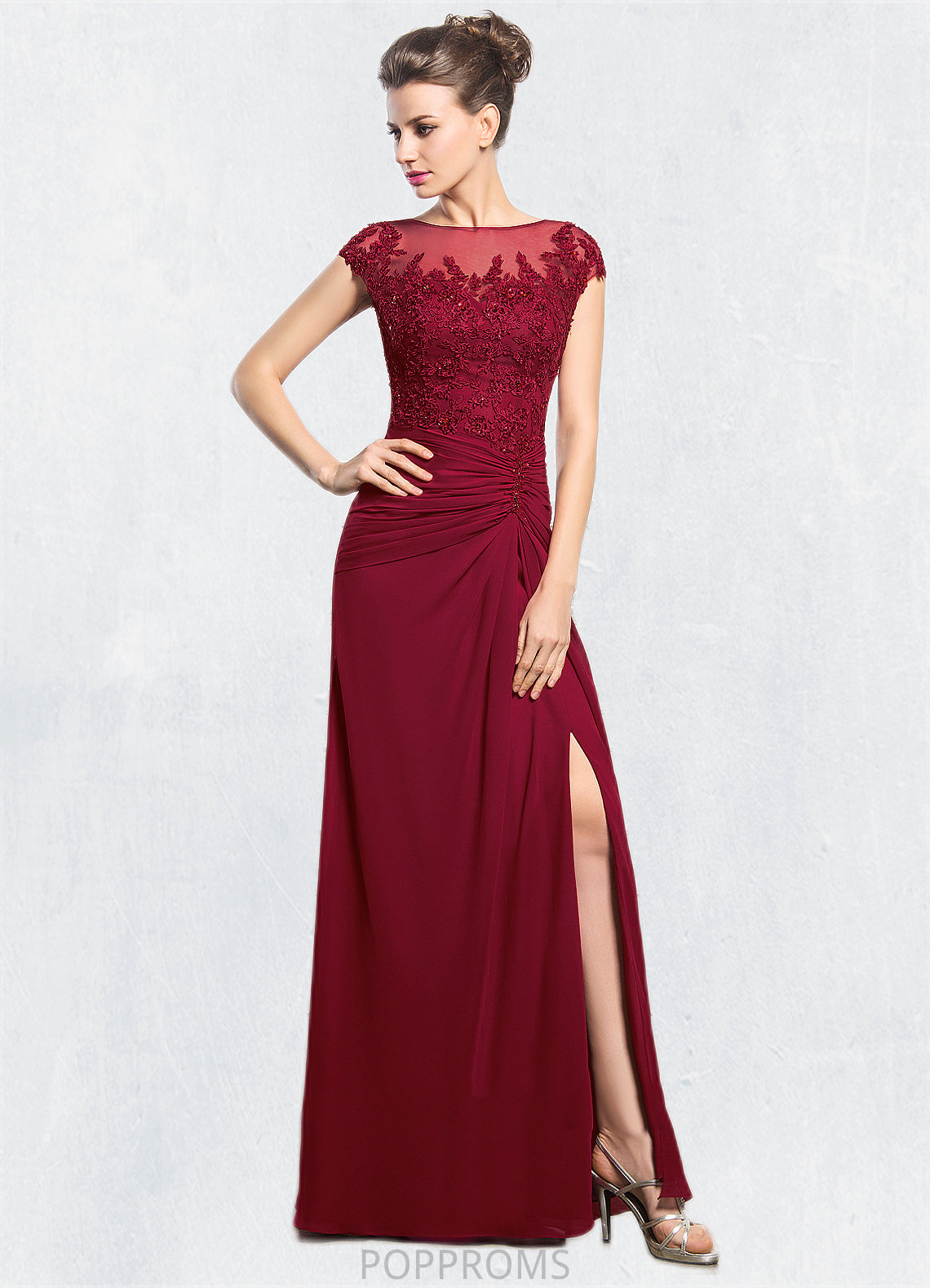 Aurora Sheath/Column Scoop Neck Floor-Length Chiffon Mother of the Bride Dress With Ruffle Beading Appliques Lace Sequins Split Front PP6126P0014549