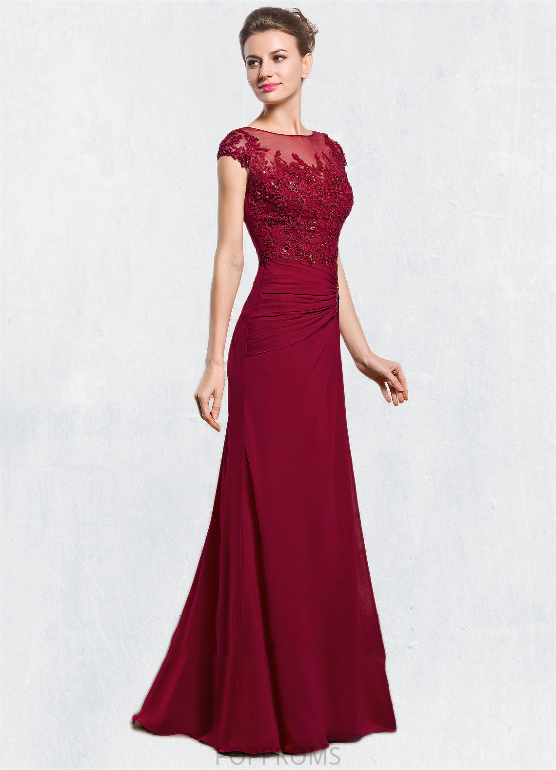 Aurora Sheath/Column Scoop Neck Floor-Length Chiffon Mother of the Bride Dress With Ruffle Beading Appliques Lace Sequins Split Front PP6126P0014549