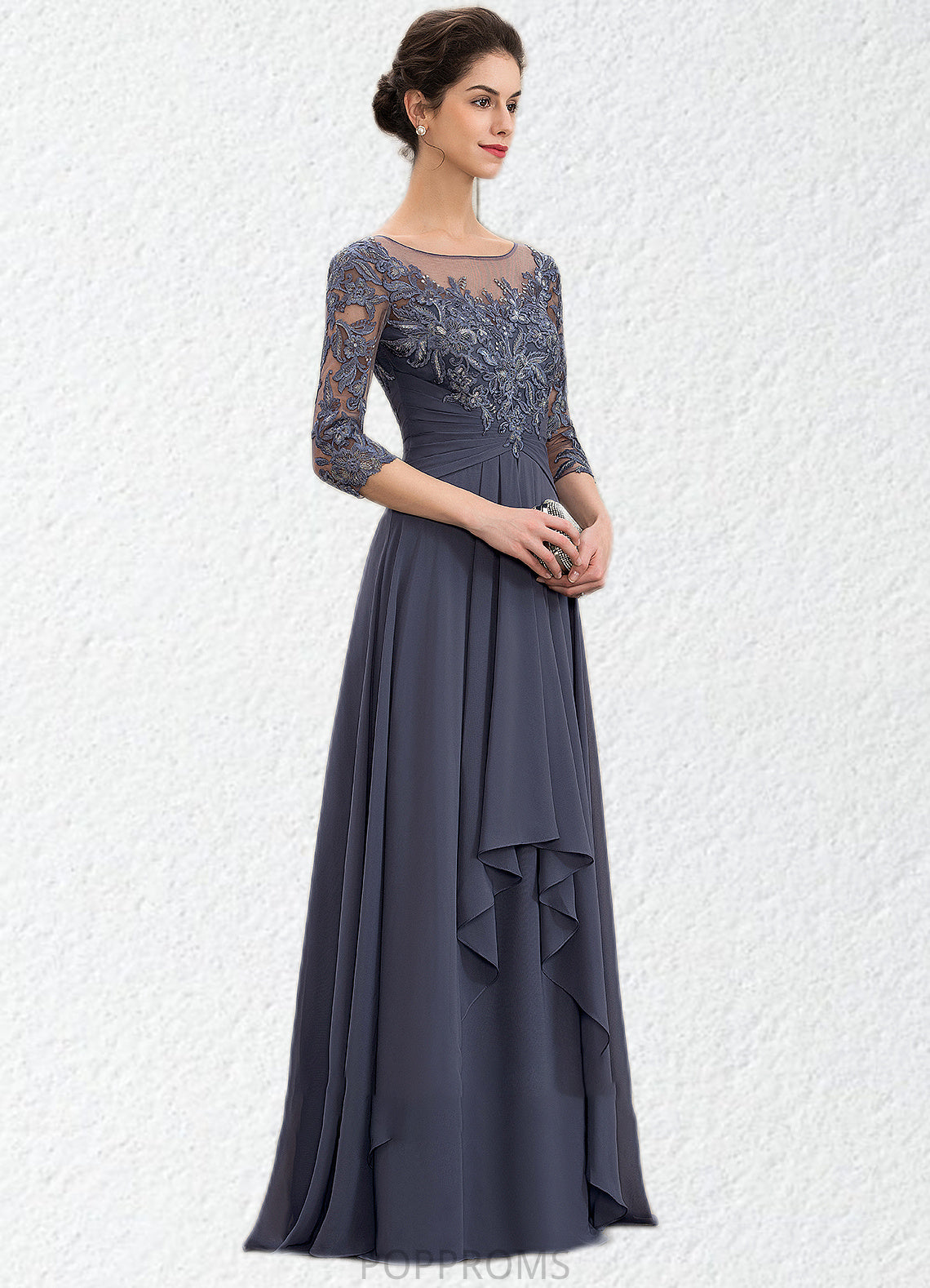 Barbara A-Line Scoop Neck Floor-Length Chiffon Lace Mother of the Bride Dress With Cascading Ruffles PP6126P0014550