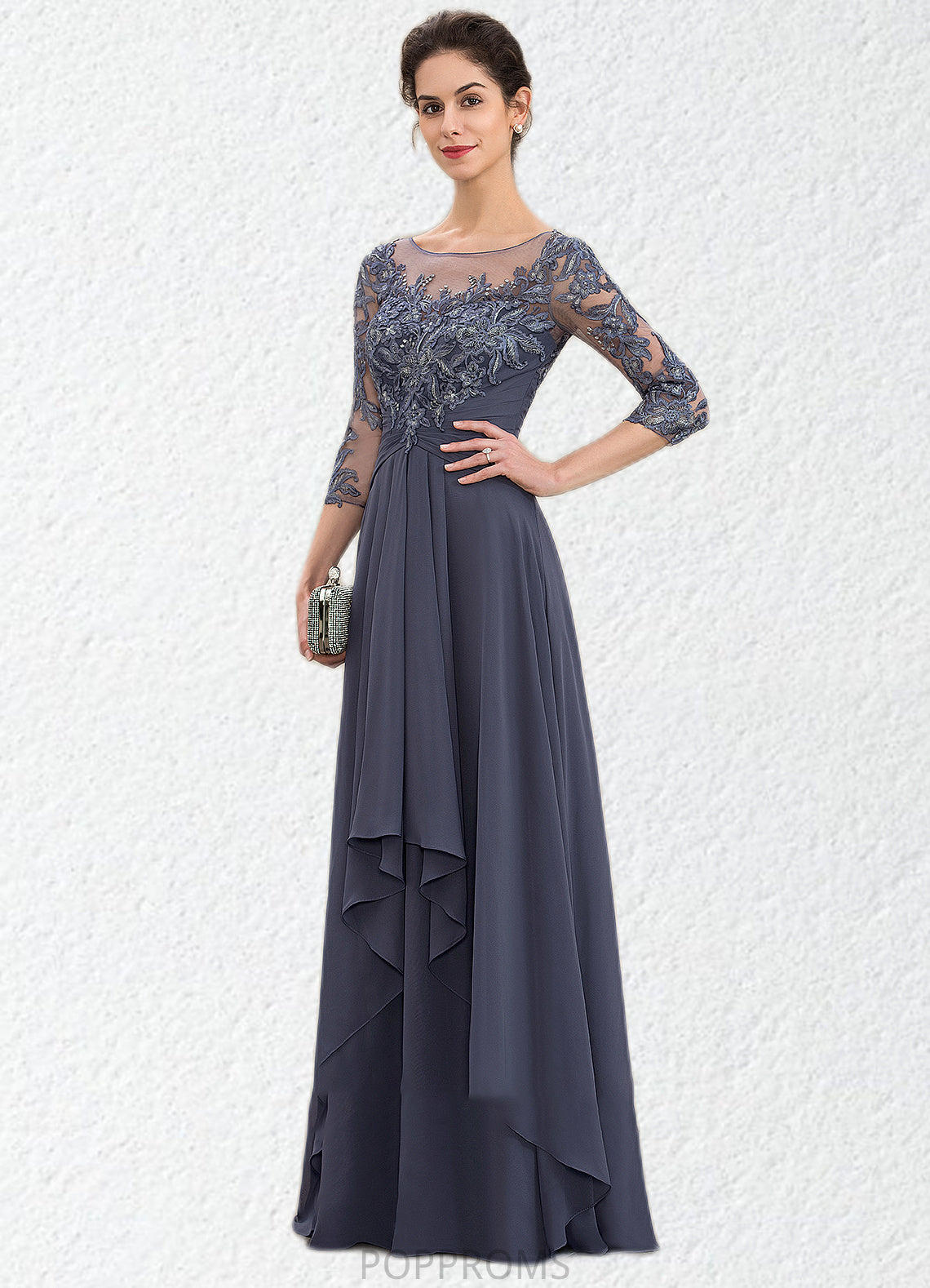 Barbara A-Line Scoop Neck Floor-Length Chiffon Lace Mother of the Bride Dress With Cascading Ruffles PP6126P0014550