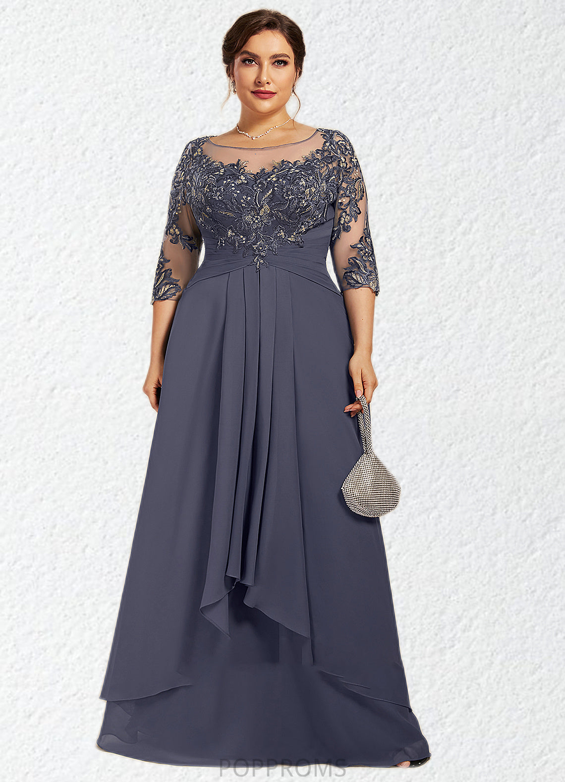 Barbara A-Line Scoop Neck Floor-Length Chiffon Lace Mother of the Bride Dress With Cascading Ruffles PP6126P0014550