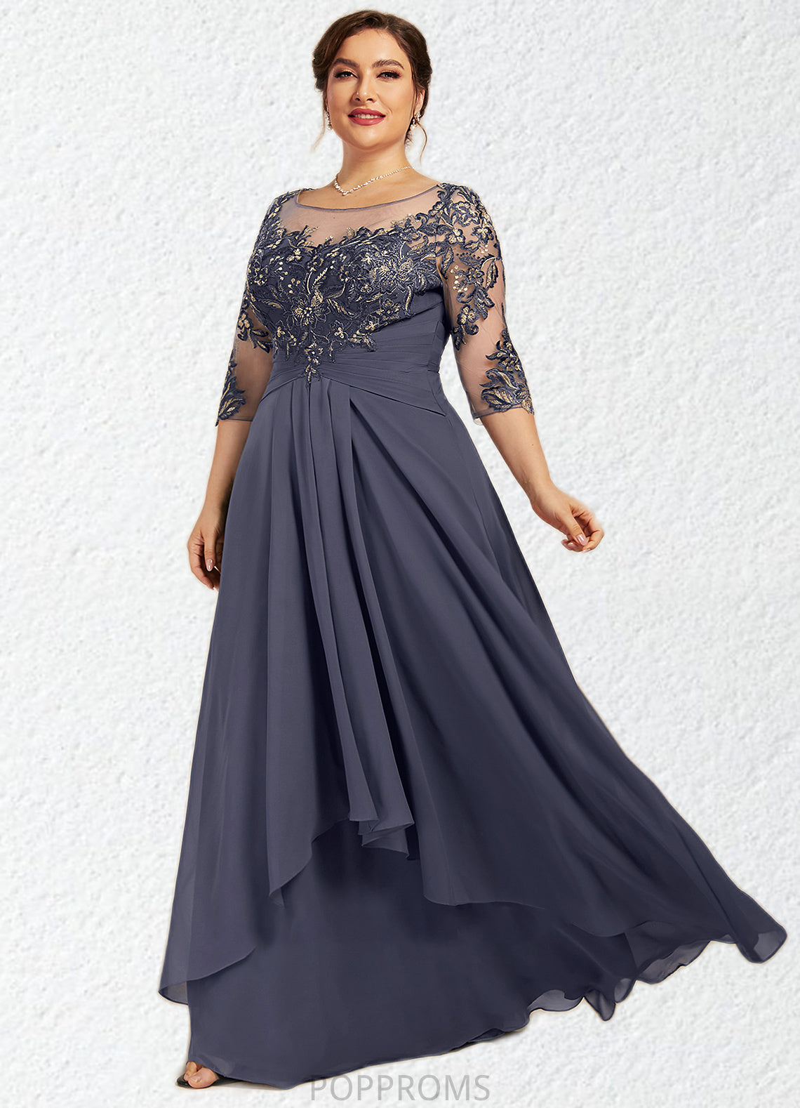 Barbara A-Line Scoop Neck Floor-Length Chiffon Lace Mother of the Bride Dress With Cascading Ruffles PP6126P0014550