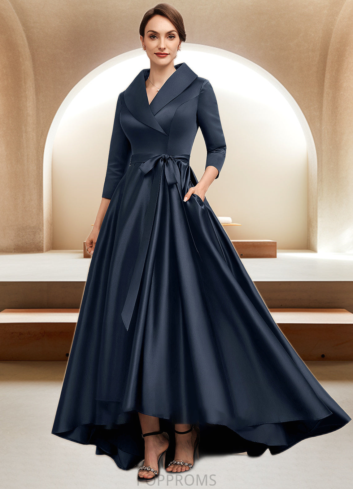 Bailey A-Line V-neck Asymmetrical Satin Mother of the Bride Dress With Bow(s) Pockets PP6126P0014553