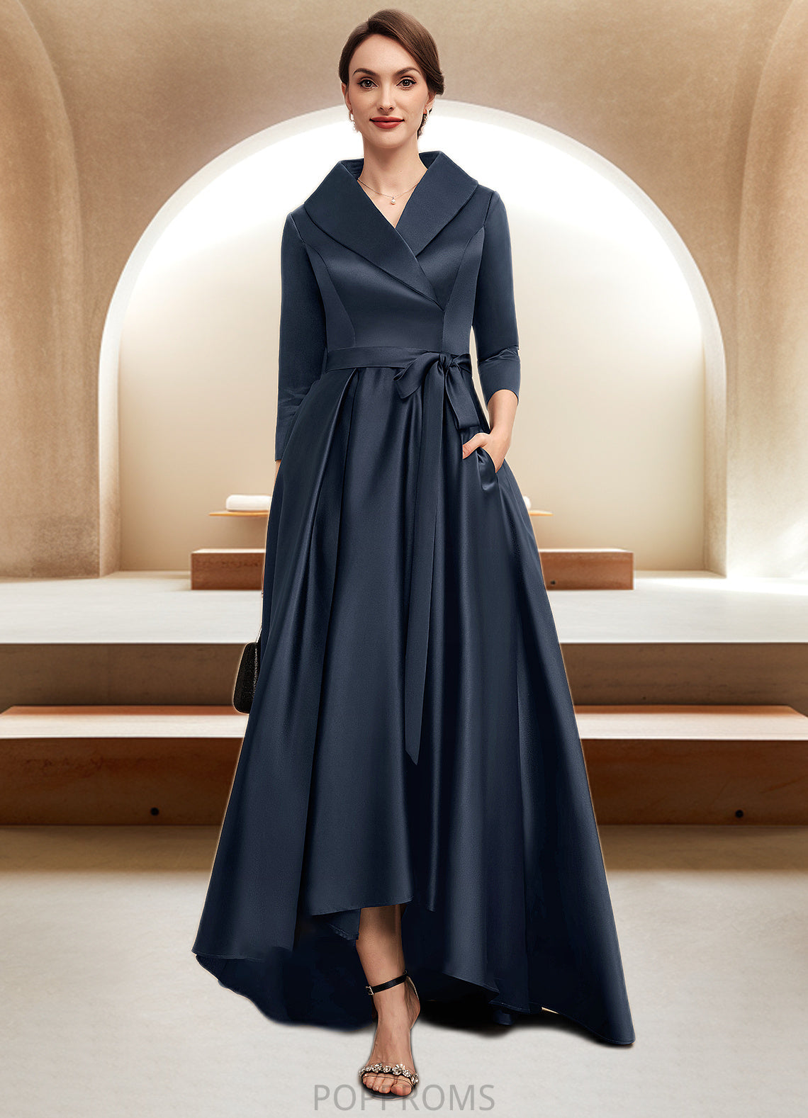 Bailey A-Line V-neck Asymmetrical Satin Mother of the Bride Dress With Bow(s) Pockets PP6126P0014553