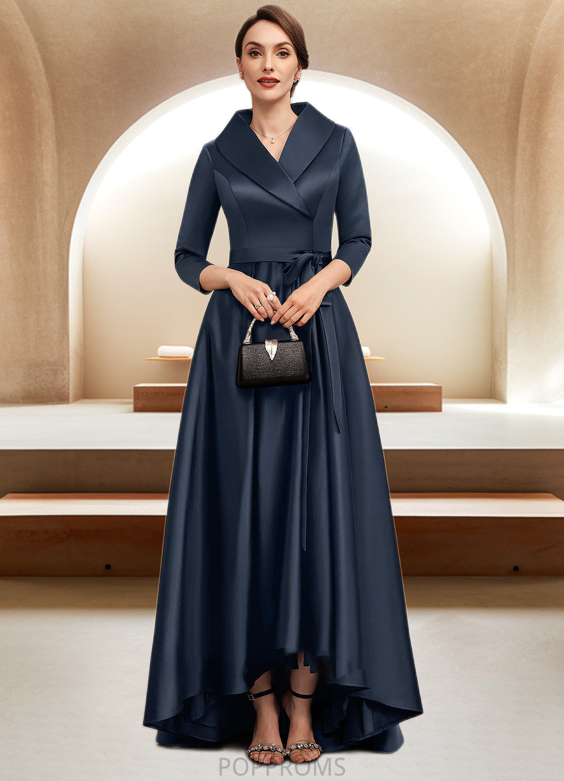 Bailey A-Line V-neck Asymmetrical Satin Mother of the Bride Dress With Bow(s) Pockets PP6126P0014553