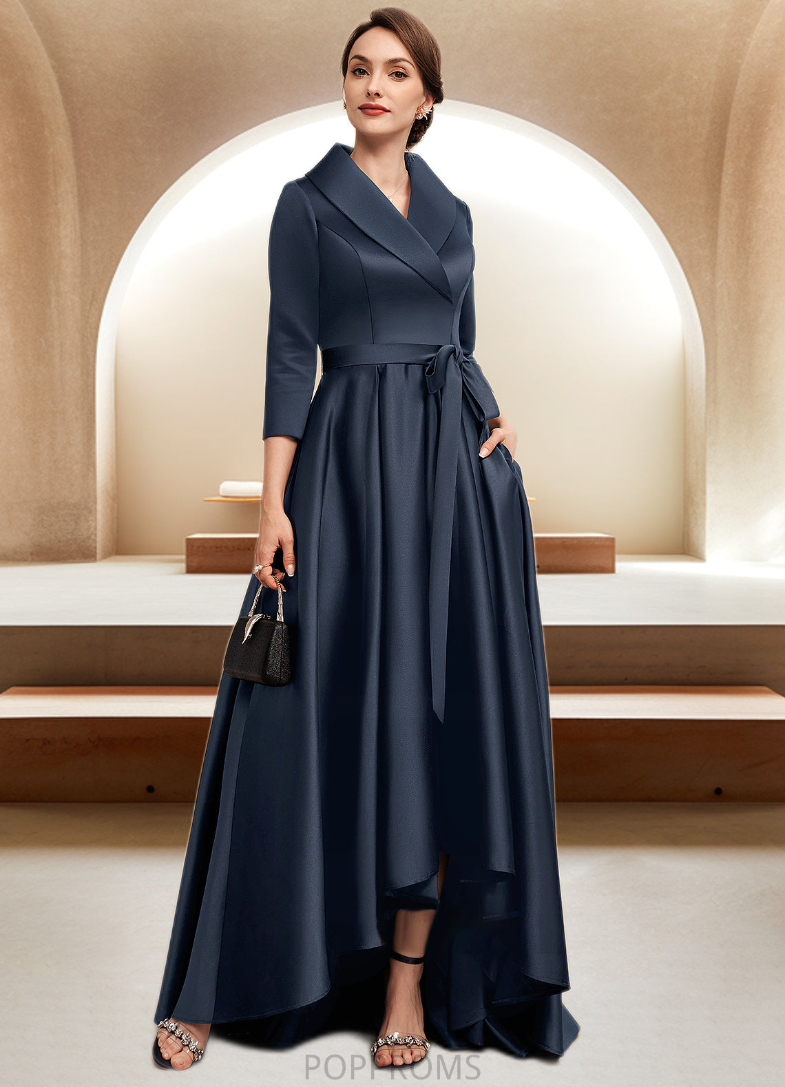 Bailey A-Line V-neck Asymmetrical Satin Mother of the Bride Dress With Bow(s) Pockets PP6126P0014553