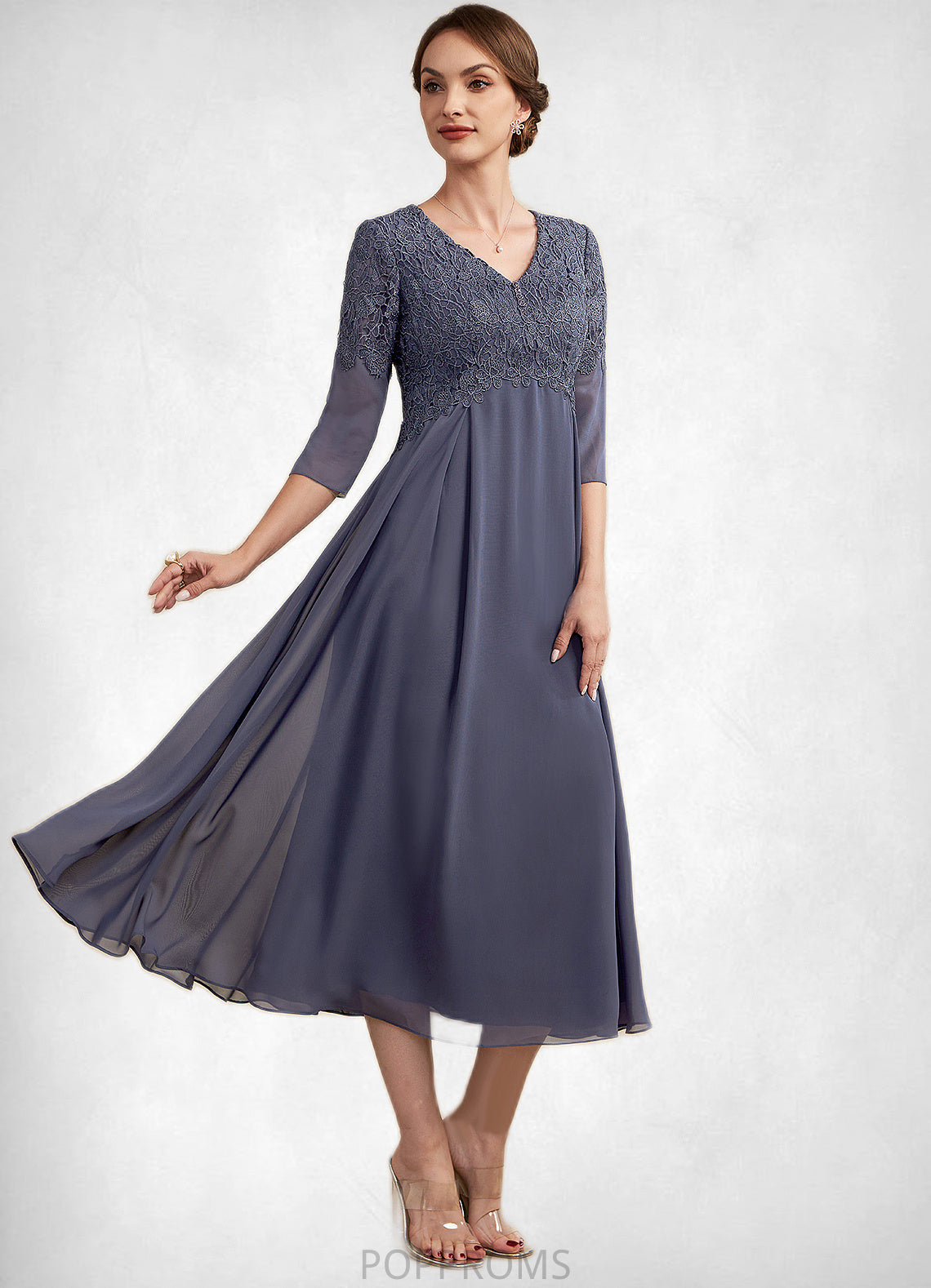 Angel A-line V-Neck Tea-Length Chiffon Lace Mother of the Bride Dress With Beading PP6126P0014554