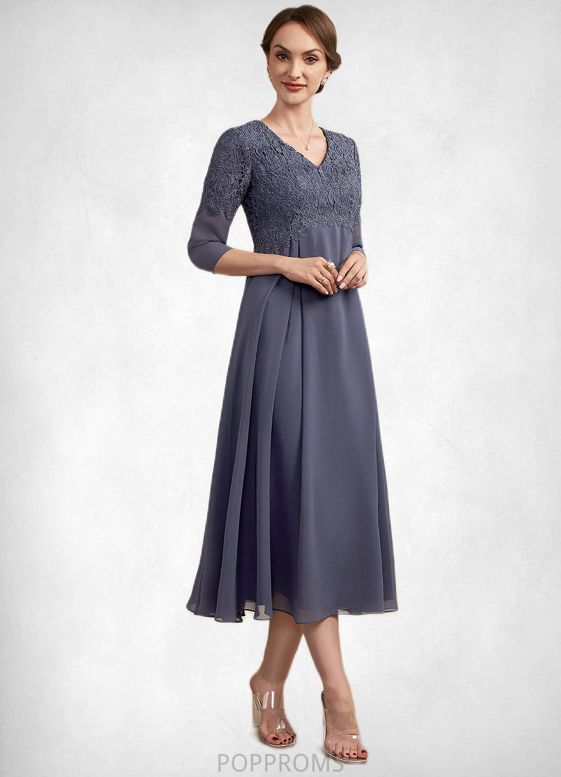 Angel A-line V-Neck Tea-Length Chiffon Lace Mother of the Bride Dress With Beading PP6126P0014554