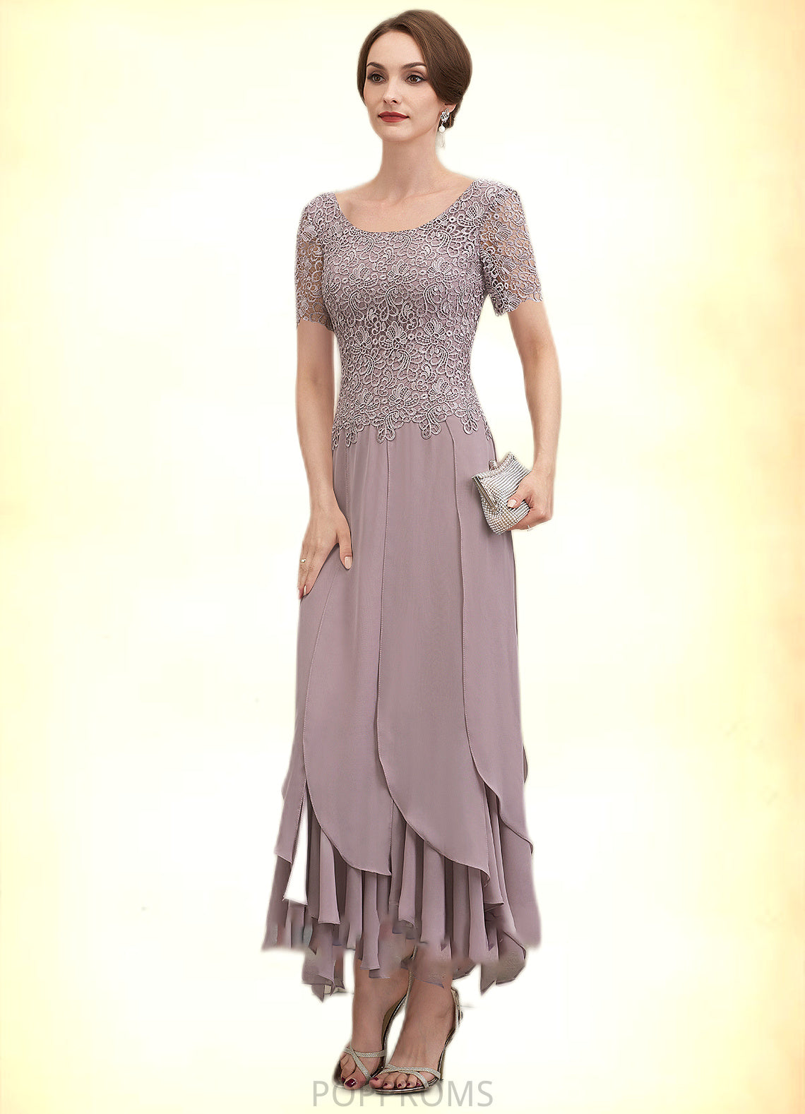 Lilianna A-Line Scoop Neck Ankle-Length Chiffon Lace Mother of the Bride Dress With Cascading Ruffles PP6126P0014555