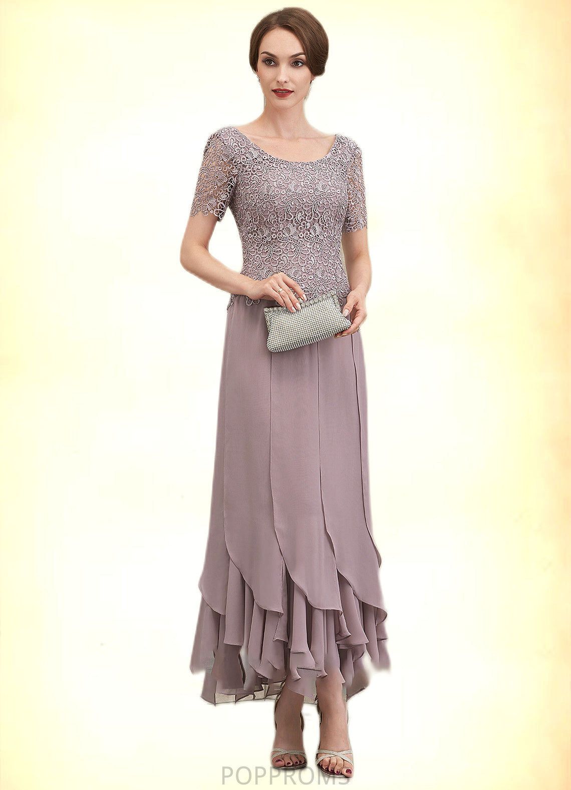 Lilianna A-Line Scoop Neck Ankle-Length Chiffon Lace Mother of the Bride Dress With Cascading Ruffles PP6126P0014555