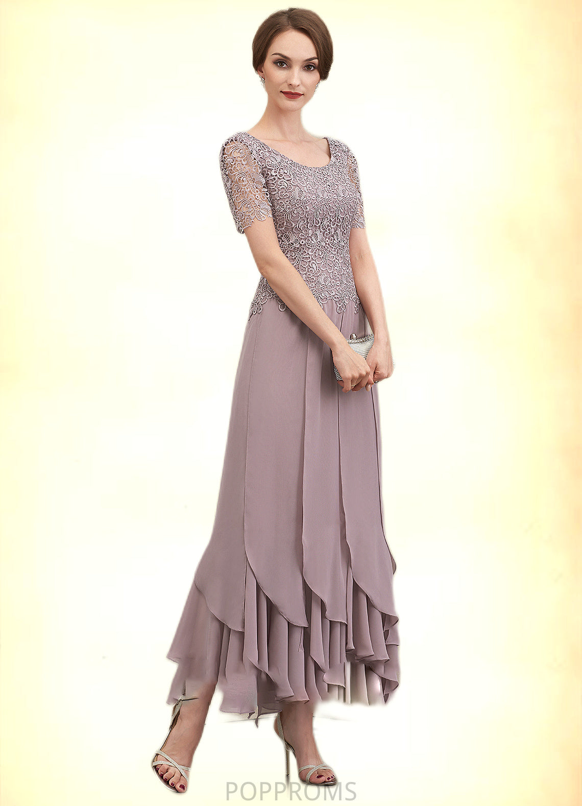 Lilianna A-Line Scoop Neck Ankle-Length Chiffon Lace Mother of the Bride Dress With Cascading Ruffles PP6126P0014555