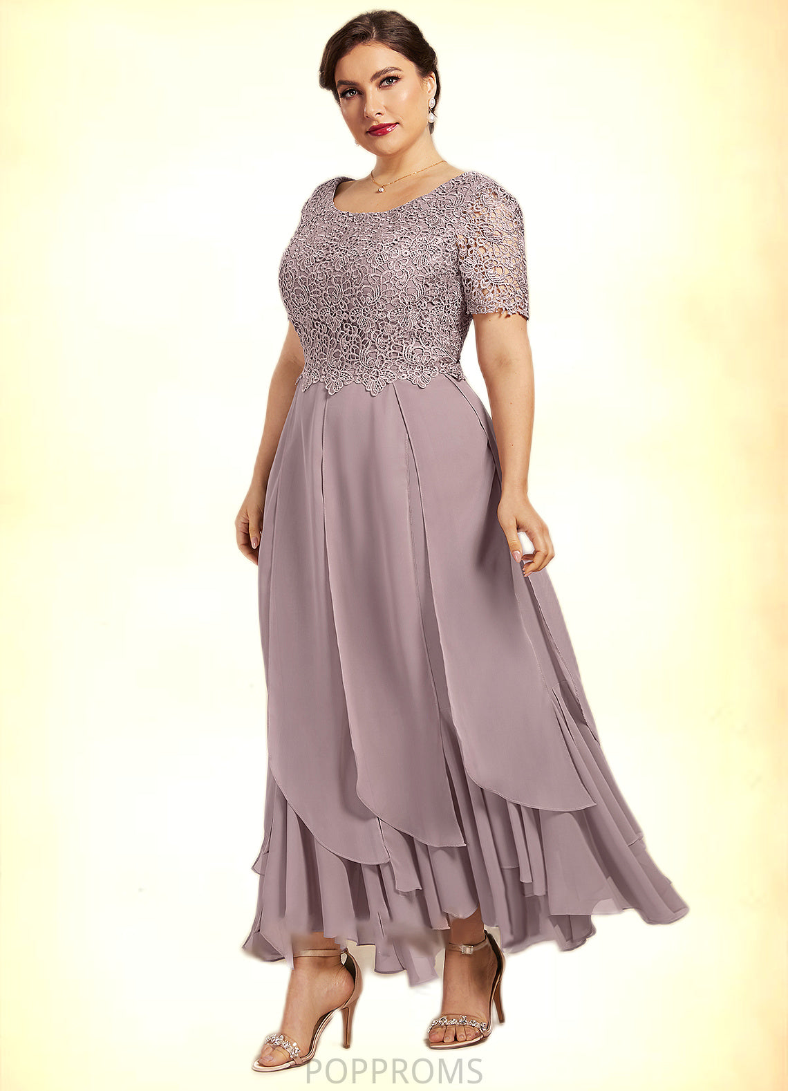 Lilianna A-Line Scoop Neck Ankle-Length Chiffon Lace Mother of the Bride Dress With Cascading Ruffles PP6126P0014555