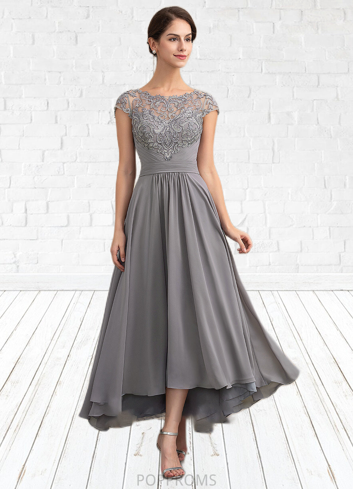 Evie A-Line Scoop Neck Asymmetrical Chiffon Lace Mother of the Bride Dress PP6126P0014556