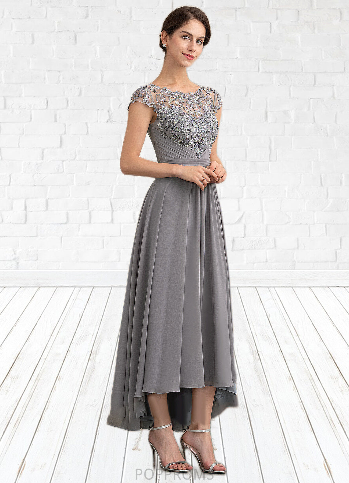 Evie A-Line Scoop Neck Asymmetrical Chiffon Lace Mother of the Bride Dress PP6126P0014556