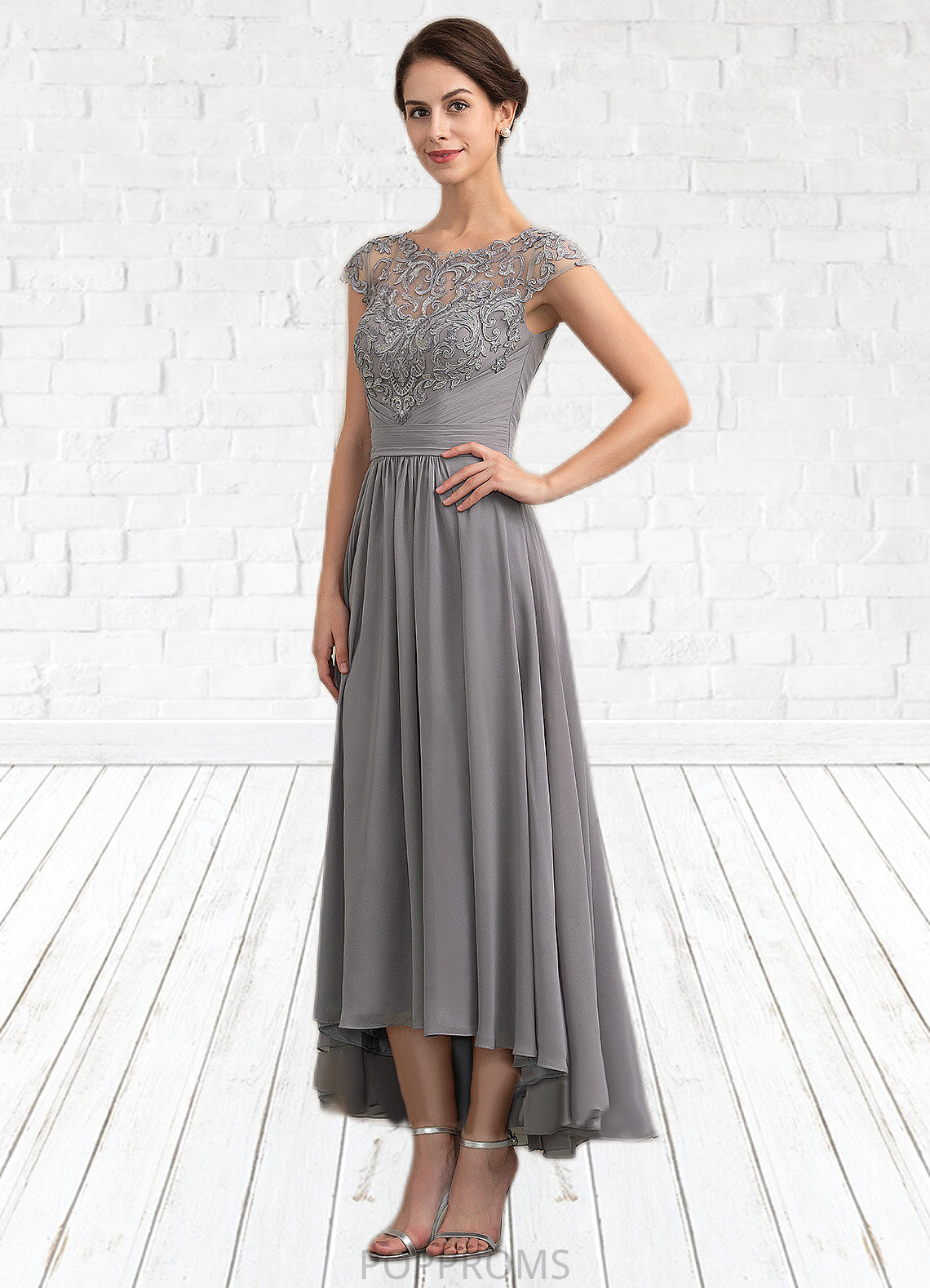 Evie A-Line Scoop Neck Asymmetrical Chiffon Lace Mother of the Bride Dress PP6126P0014556