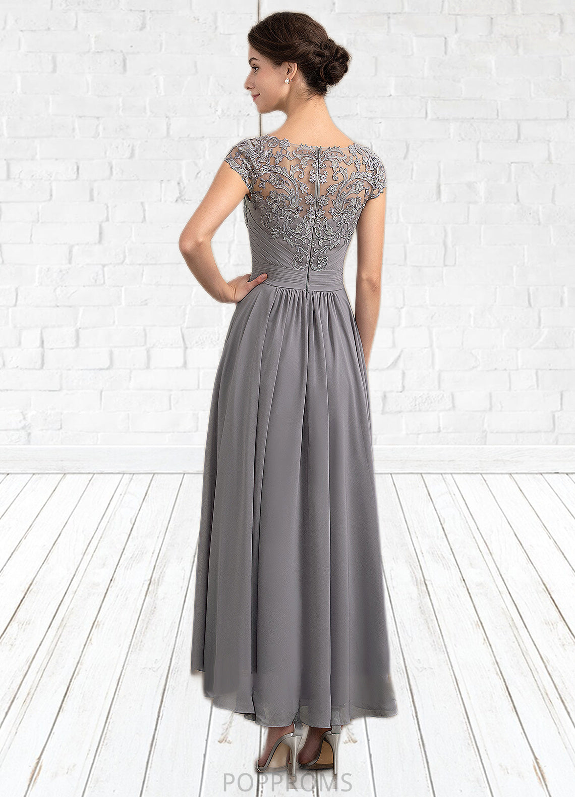 Evie A-Line Scoop Neck Asymmetrical Chiffon Lace Mother of the Bride Dress PP6126P0014556