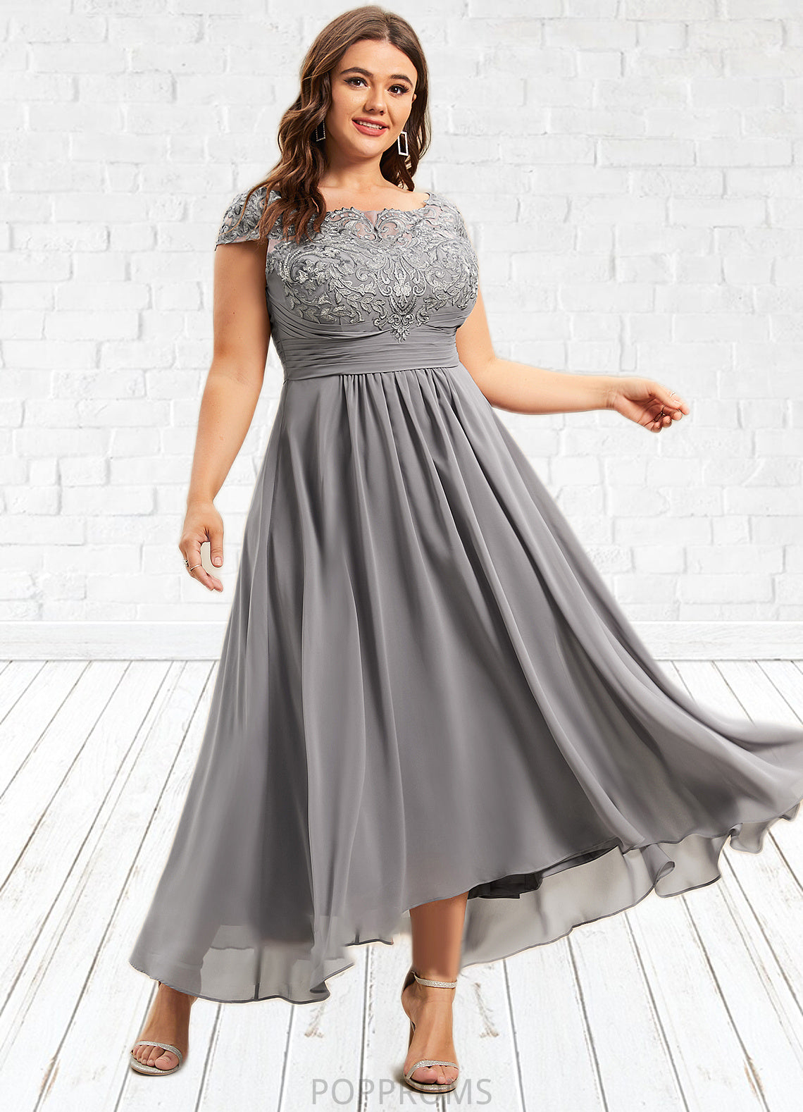 Evie A-Line Scoop Neck Asymmetrical Chiffon Lace Mother of the Bride Dress PP6126P0014556