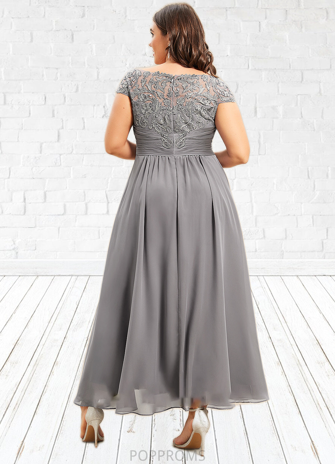 Evie A-Line Scoop Neck Asymmetrical Chiffon Lace Mother of the Bride Dress PP6126P0014556