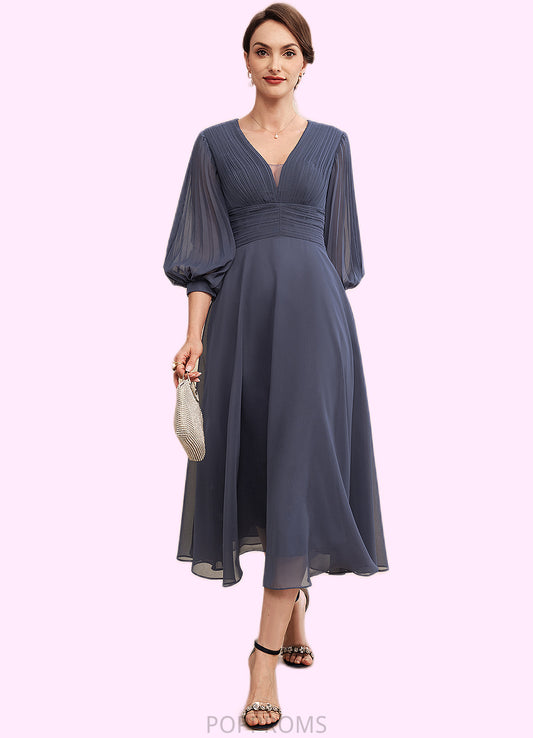 Zaria A-Line V-neck Tea-Length Chiffon Mother of the Bride Dress With Ruffle PP6126P0014566