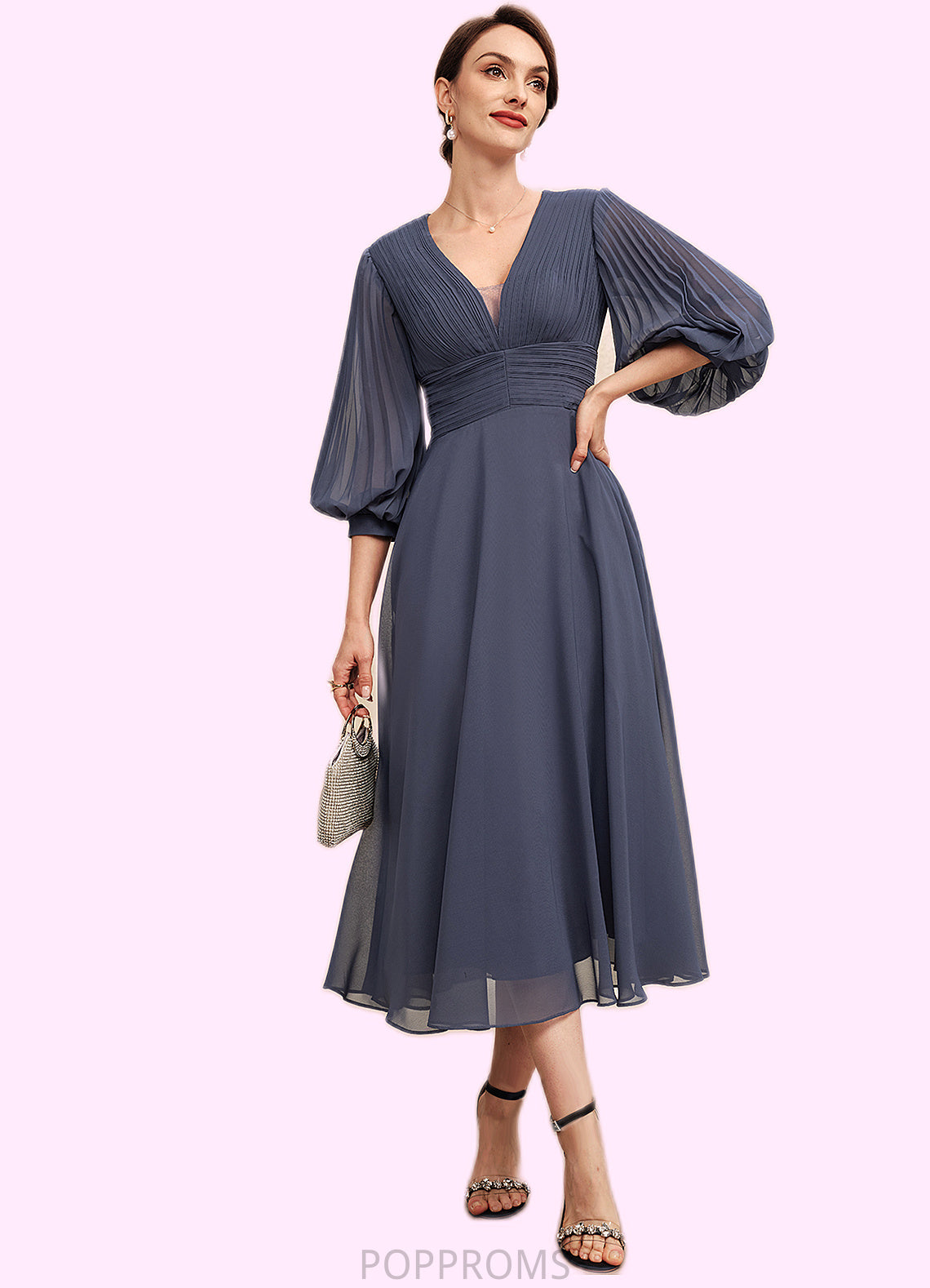 Zaria A-Line V-neck Tea-Length Chiffon Mother of the Bride Dress With Ruffle PP6126P0014566