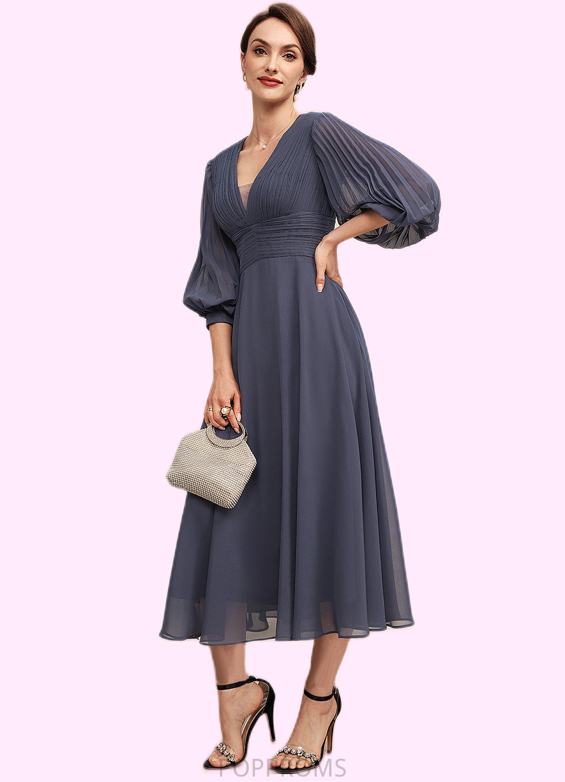 Zaria A-Line V-neck Tea-Length Chiffon Mother of the Bride Dress With Ruffle PP6126P0014566