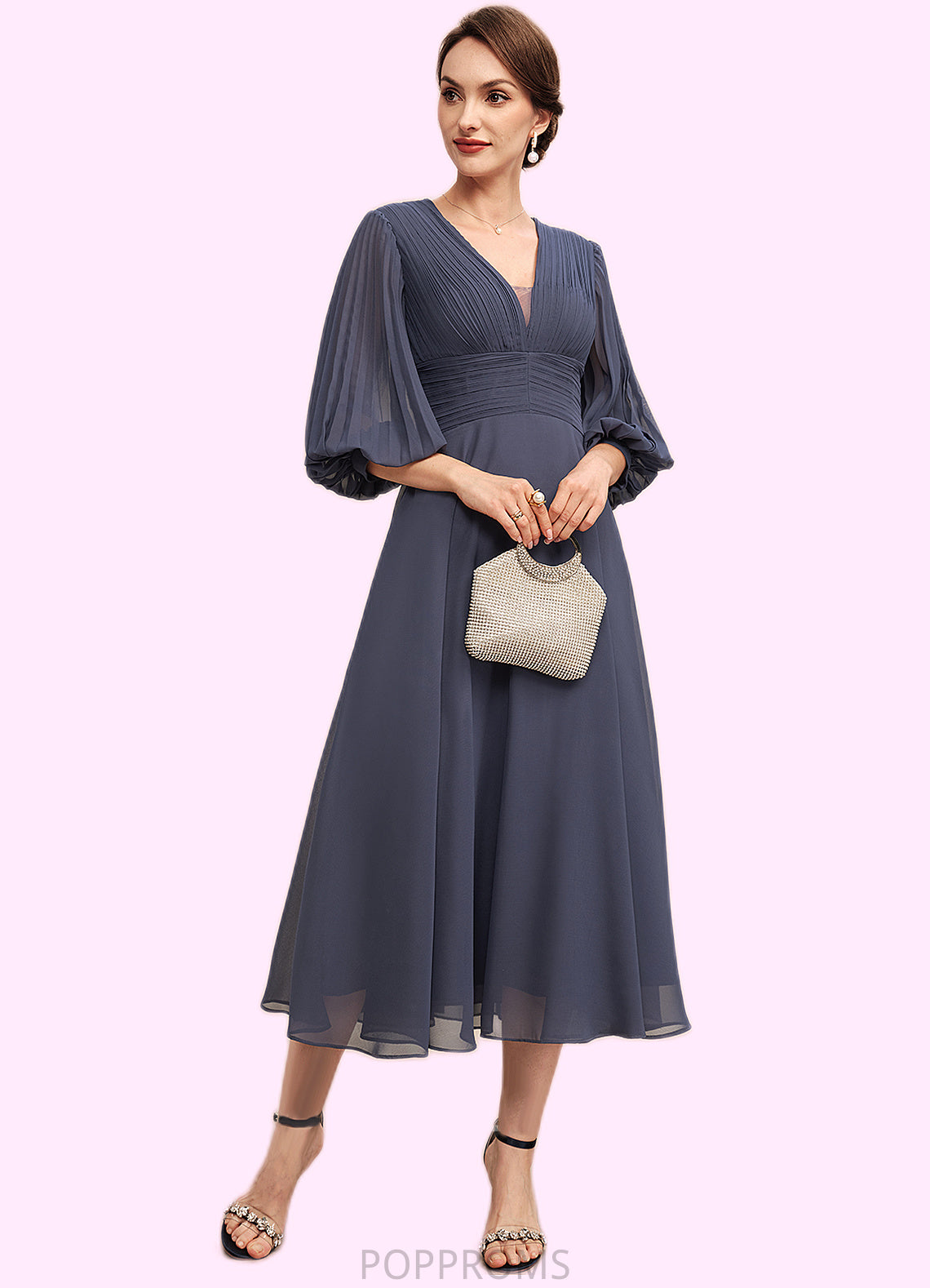 Zaria A-Line V-neck Tea-Length Chiffon Mother of the Bride Dress With Ruffle PP6126P0014566