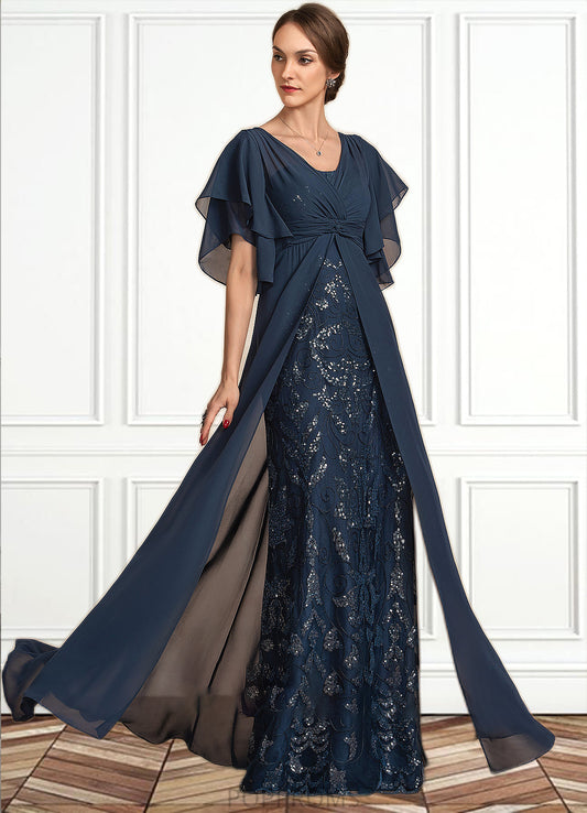 Celeste Sheath/Column V-neck Floor-Length Chiffon Lace Mother of the Bride Dress With Ruffle Sequins PP6126P0014573