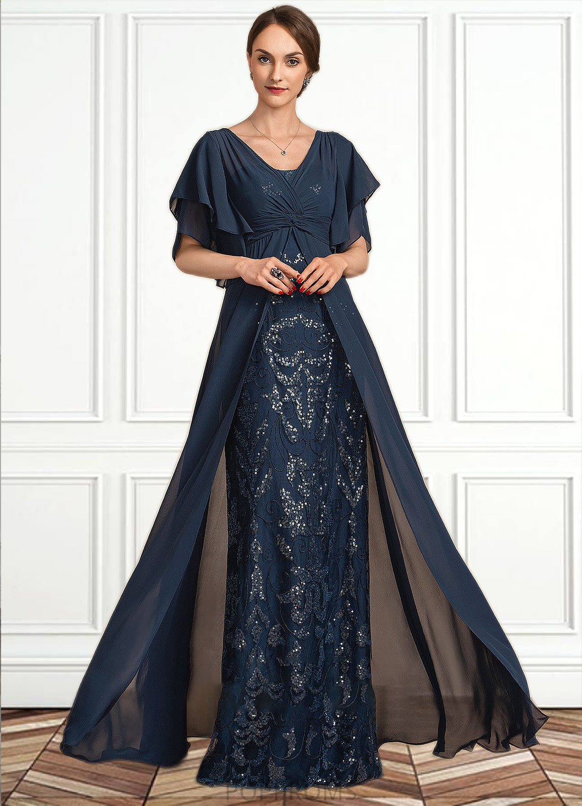 Celeste Sheath/Column V-neck Floor-Length Chiffon Lace Mother of the Bride Dress With Ruffle Sequins PP6126P0014573