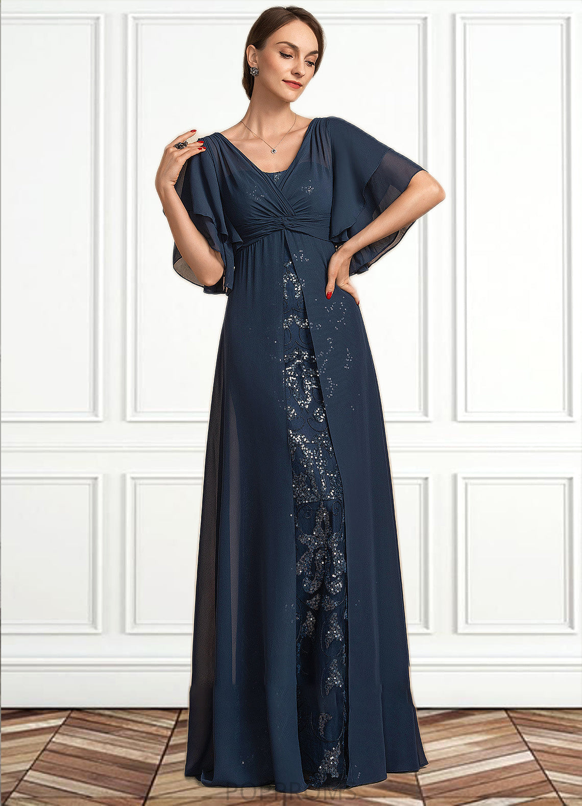 Celeste Sheath/Column V-neck Floor-Length Chiffon Lace Mother of the Bride Dress With Ruffle Sequins PP6126P0014573