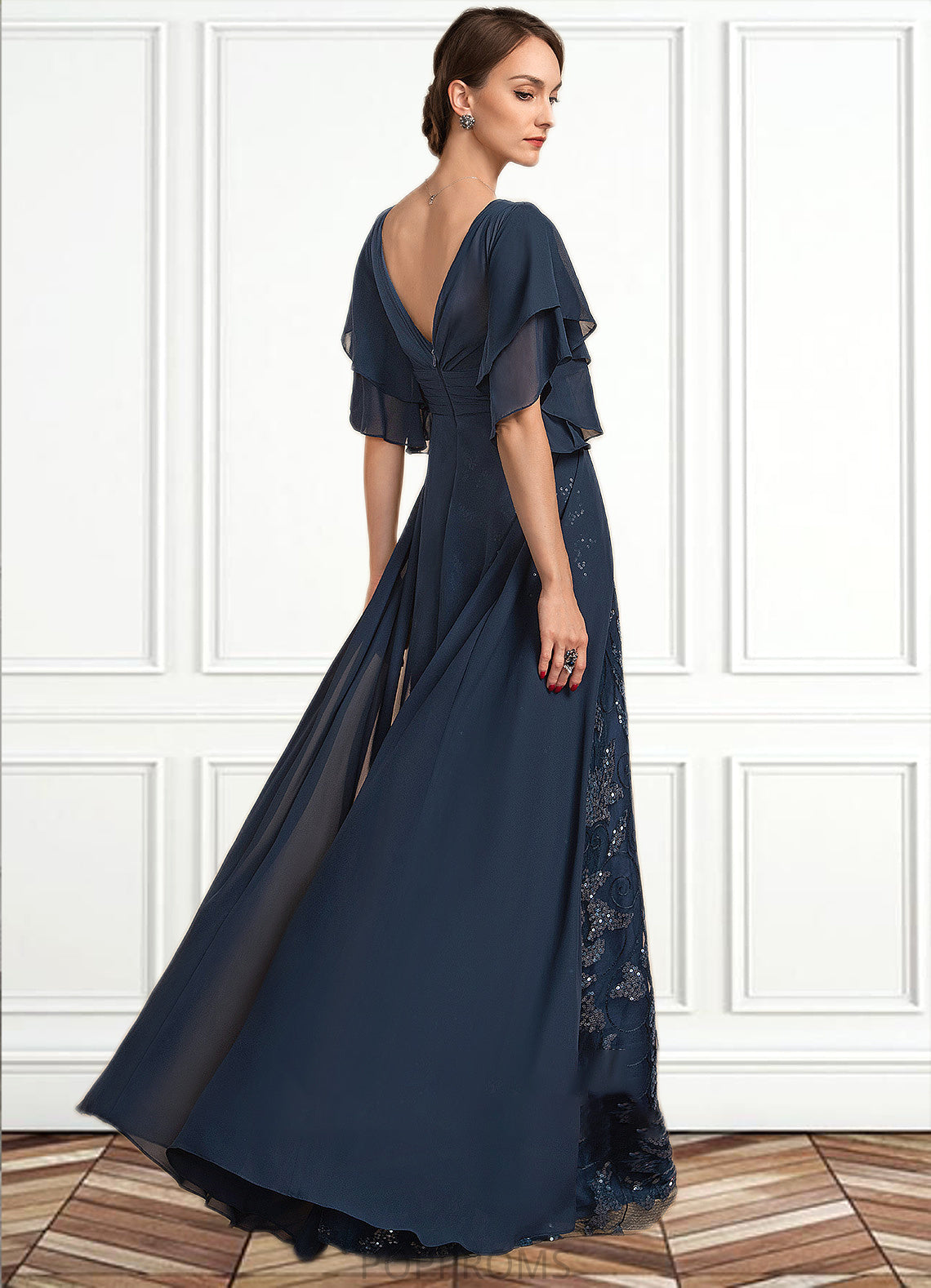 Celeste Sheath/Column V-neck Floor-Length Chiffon Lace Mother of the Bride Dress With Ruffle Sequins PP6126P0014573