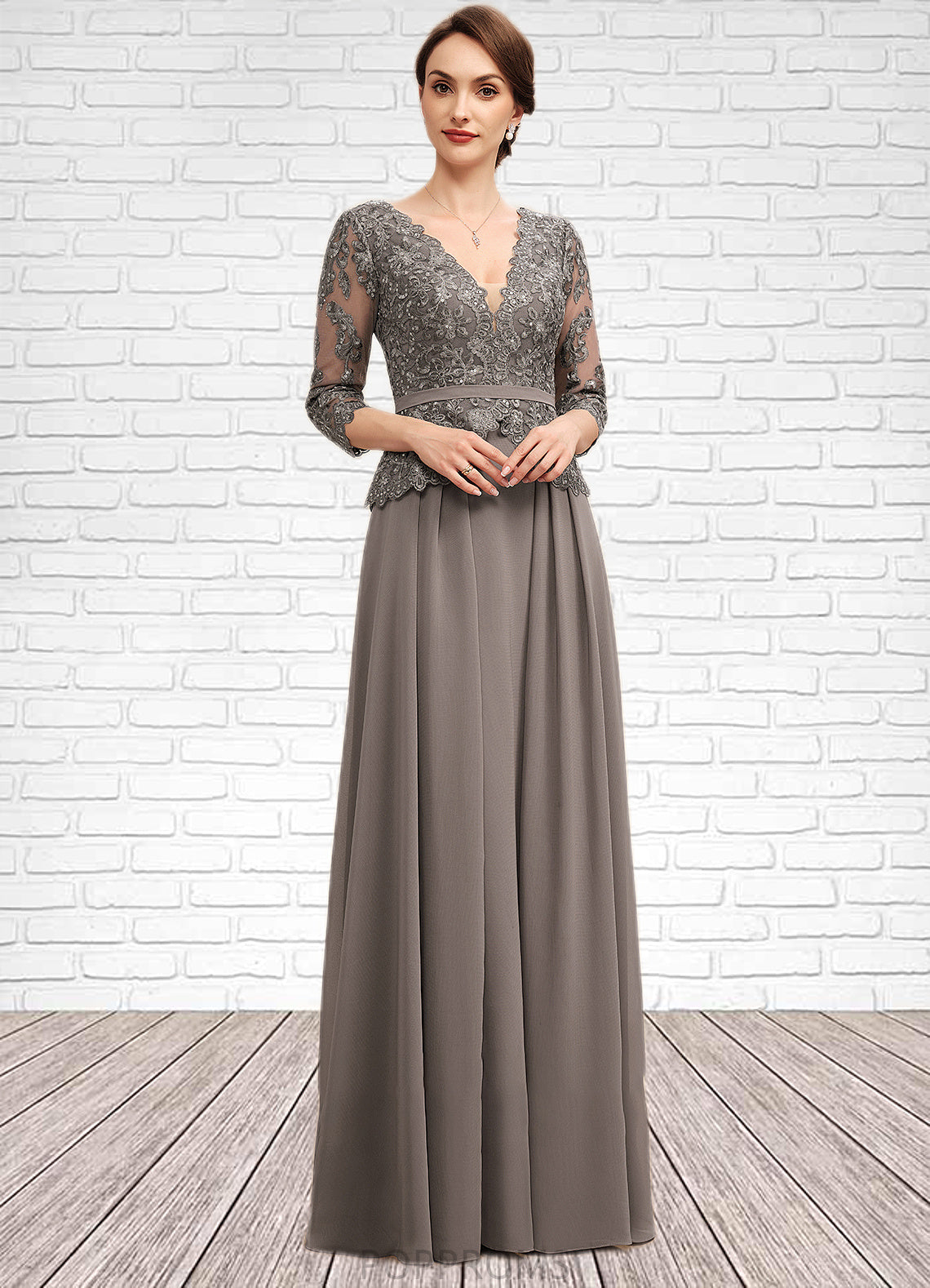 Rhianna A-Line V-neck Floor-Length Chiffon Lace Mother of the Bride Dress With Sequins PP6126P0014574